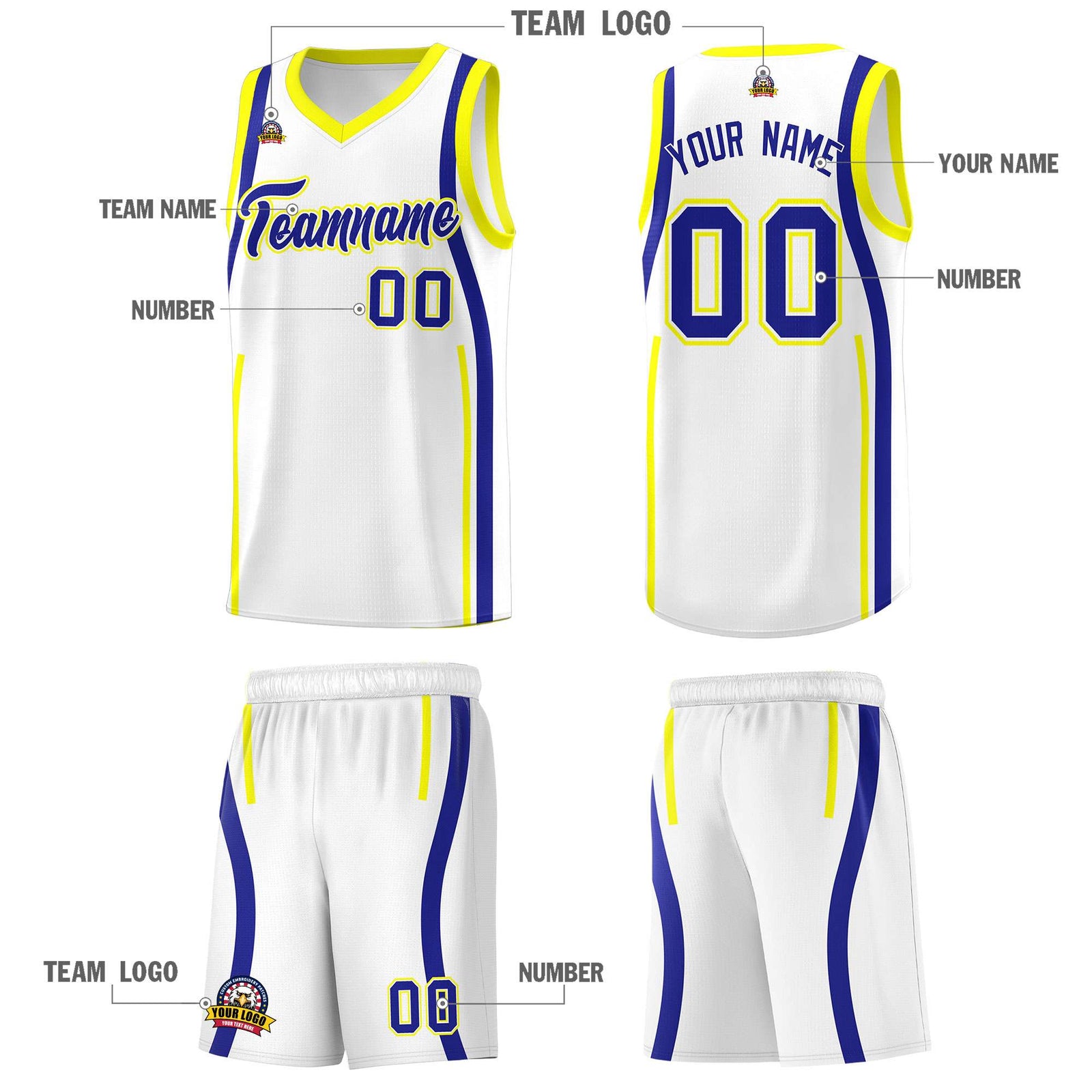 Custom White Royal-Fluorescent Yellow Ribbon Pattern Basketball Kits