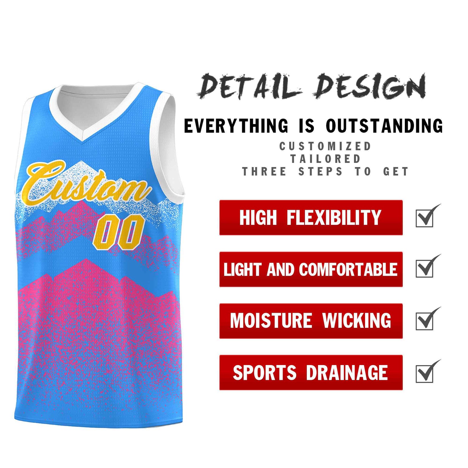 Custom Youth Basketball Jerseys Powder Blue Pink Gradient Mountain Design Uniforms