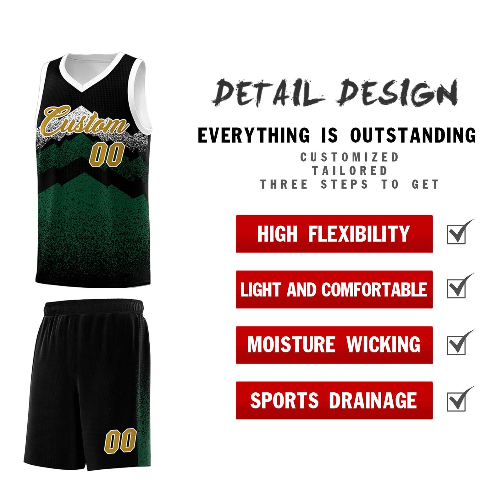 Personalized Youth Basketball Jerseys Black Green Gradient Mountain Design Uniforms