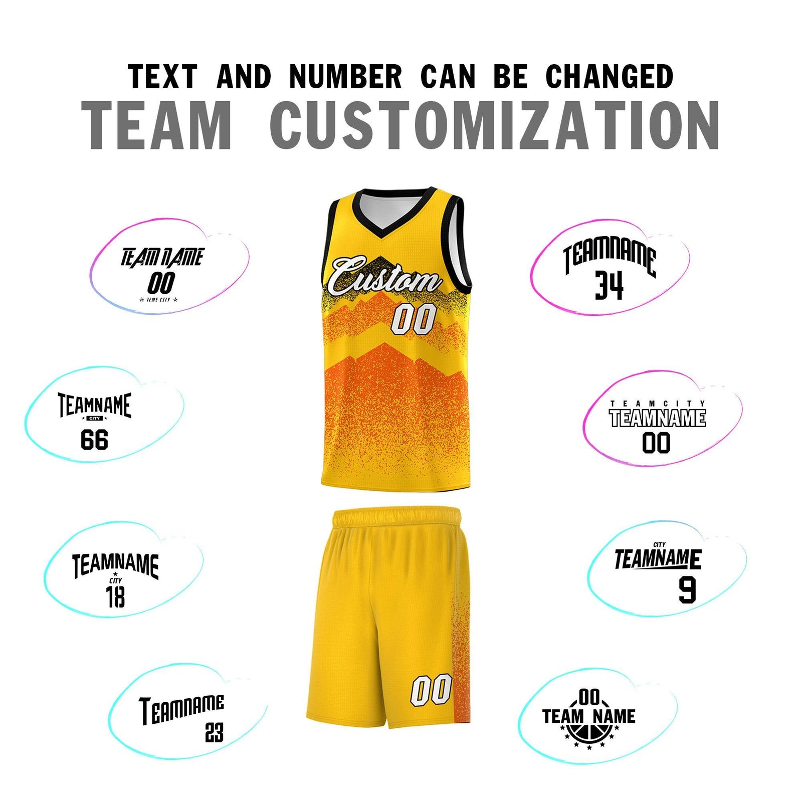 Personalized Youth Basketball Jerseys Yellow Orange Gradient Mountain Design Uniforms