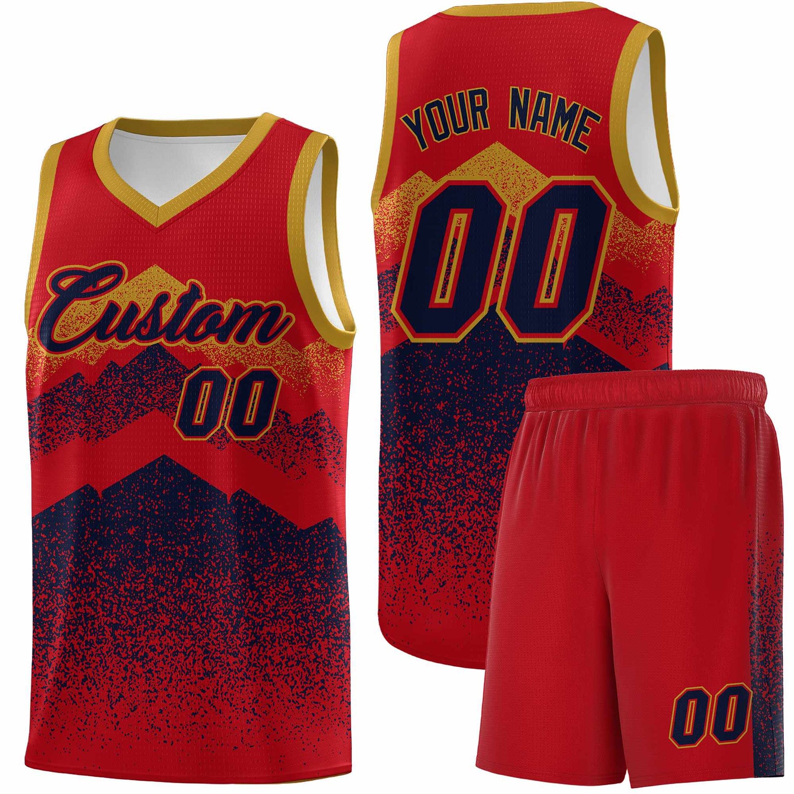 Personalized Youth Basketball Jerseys Red Navy Gradient Mountain Design Uniforms