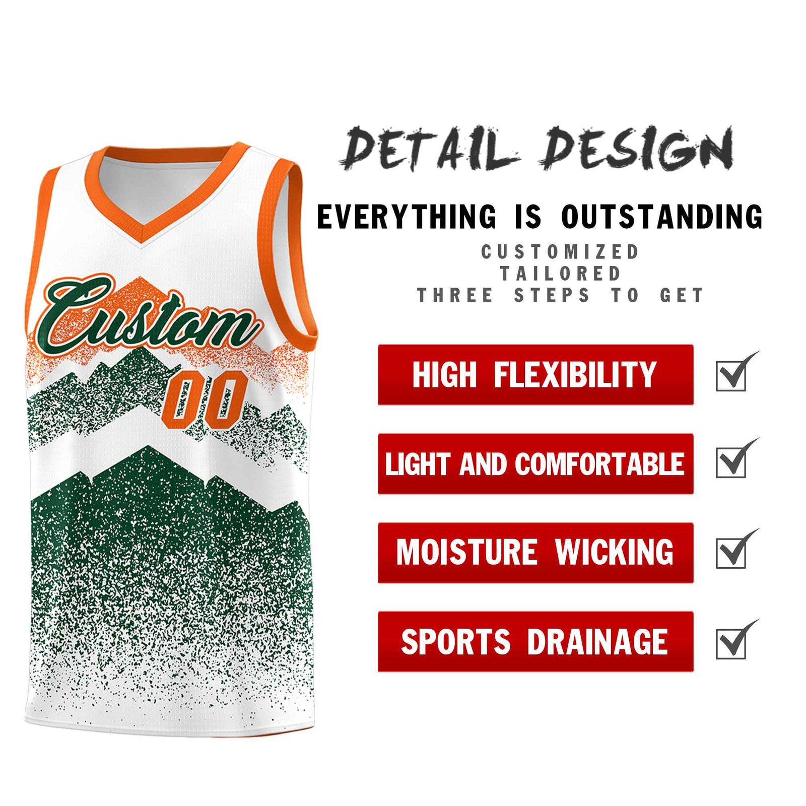 Custom Youth Basketball Jerseys White Green Gradient Mountain Design Uniforms