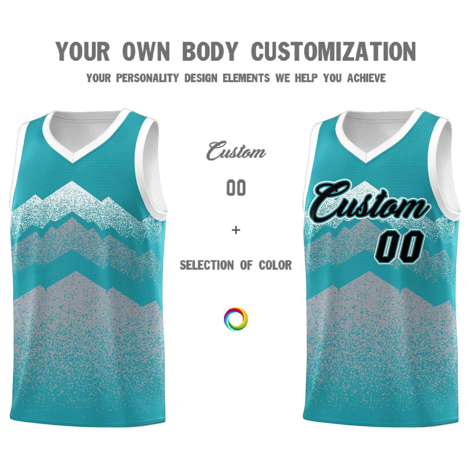 Custom Youth Basketball Jerseys Teal Silver Gradient Mountain Design Uniforms
