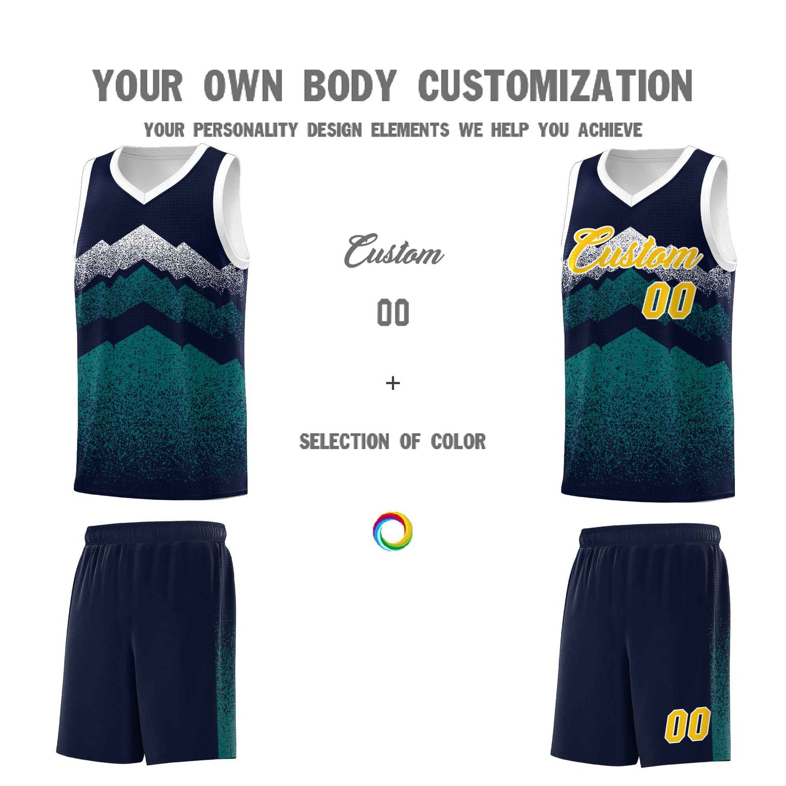 Custom Youth Basketball Jerseys Navy Teal Gradient Mountain Design Uniforms