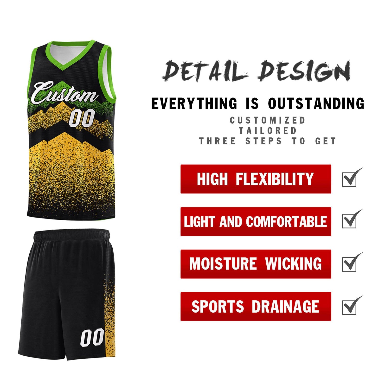 Personalized Youth Basketball Jerseys Black Gold Gradient Mountain Design Uniforms