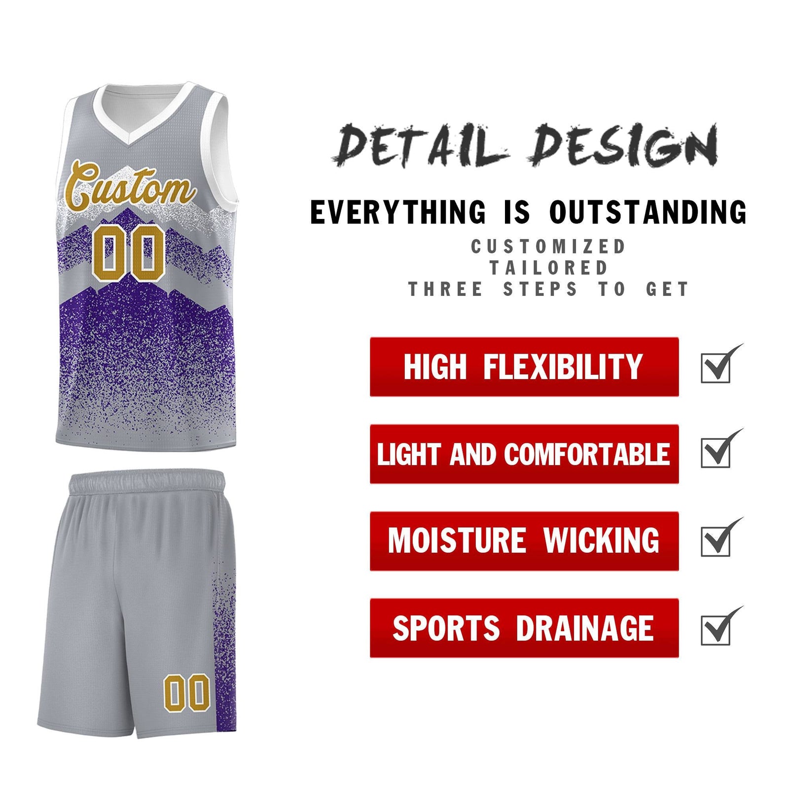 Custom Youth Basketball Jerseys Gray Purple Gradient Mountain Design Uniforms