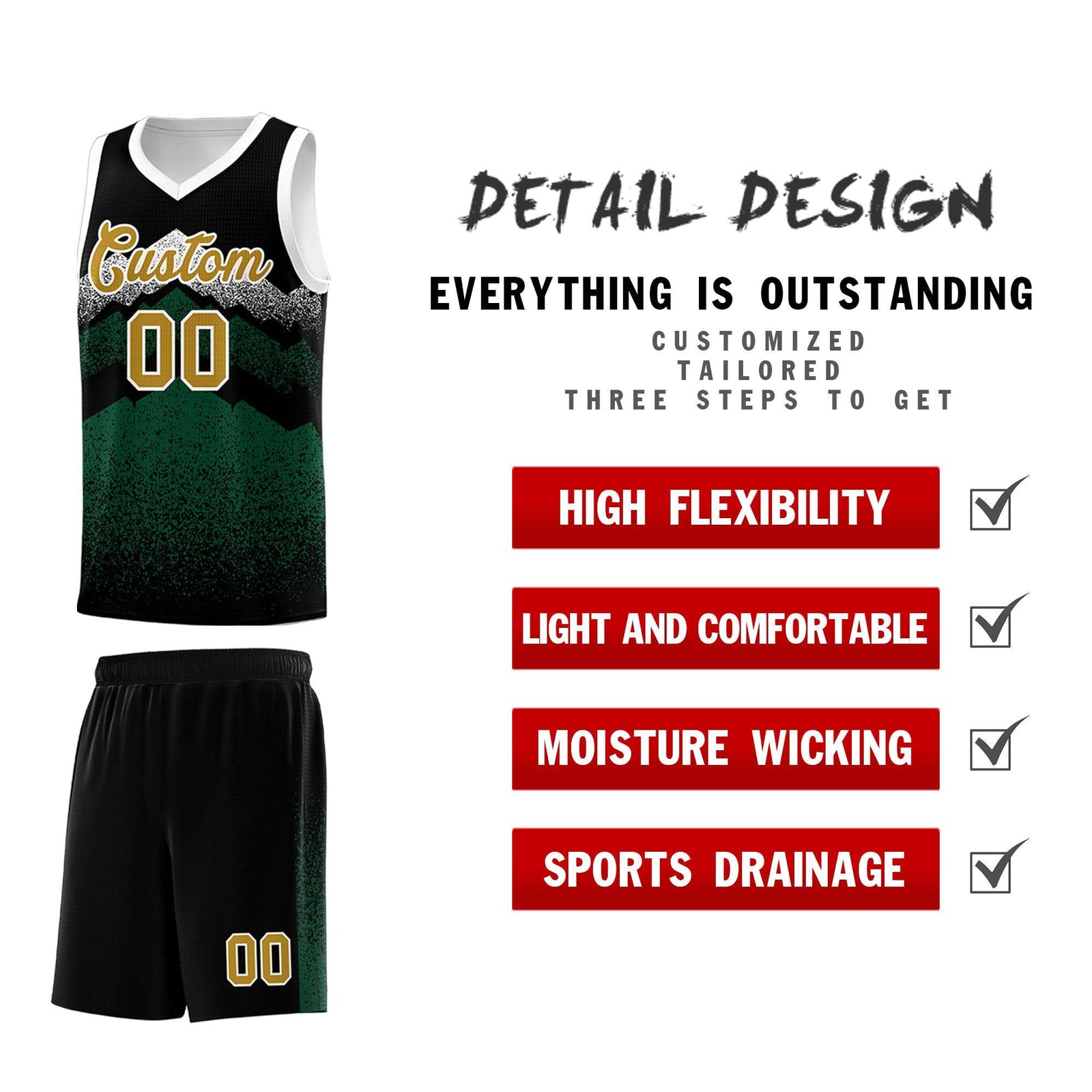 Personalized Youth Basketball Jerseys Black Green Gradient Mountain Design Uniforms