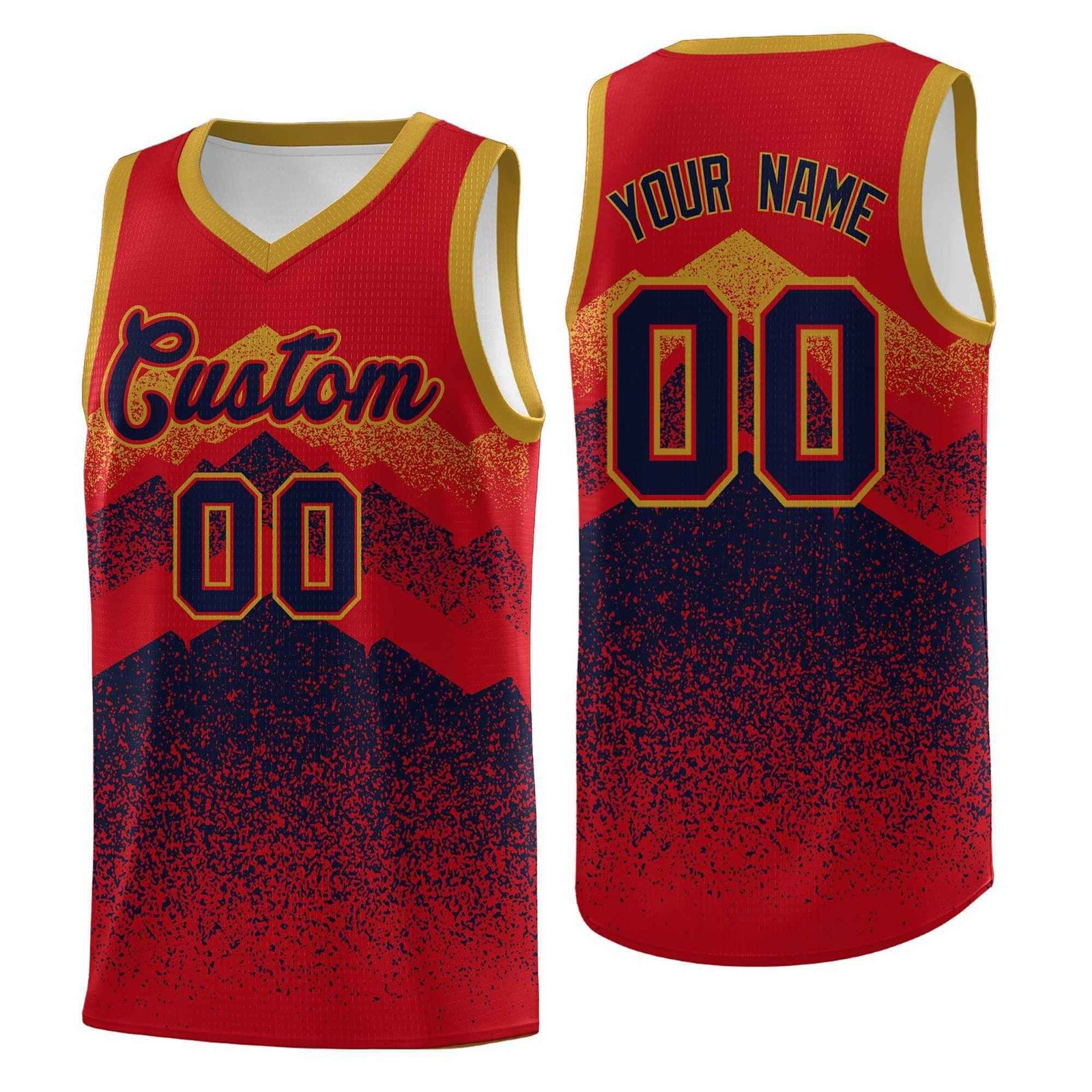 Personalized Youth Basketball Jerseys Red Navy Gradient Mountain Design Uniforms