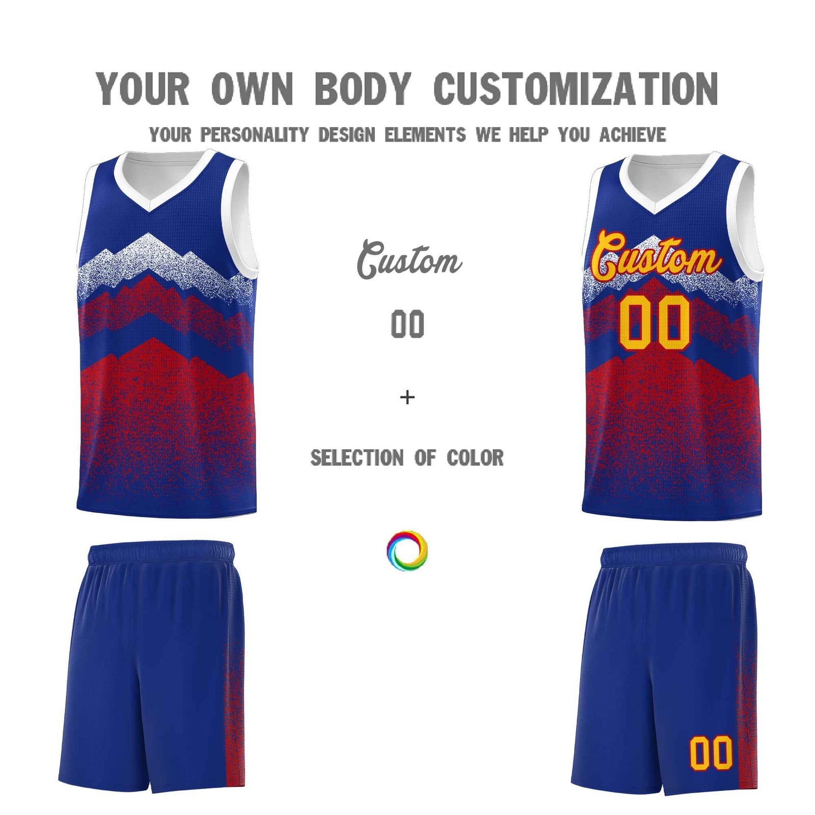 Personalized Youth Basketball Jerseys Royal Red Gradient Mountain Design Uniforms