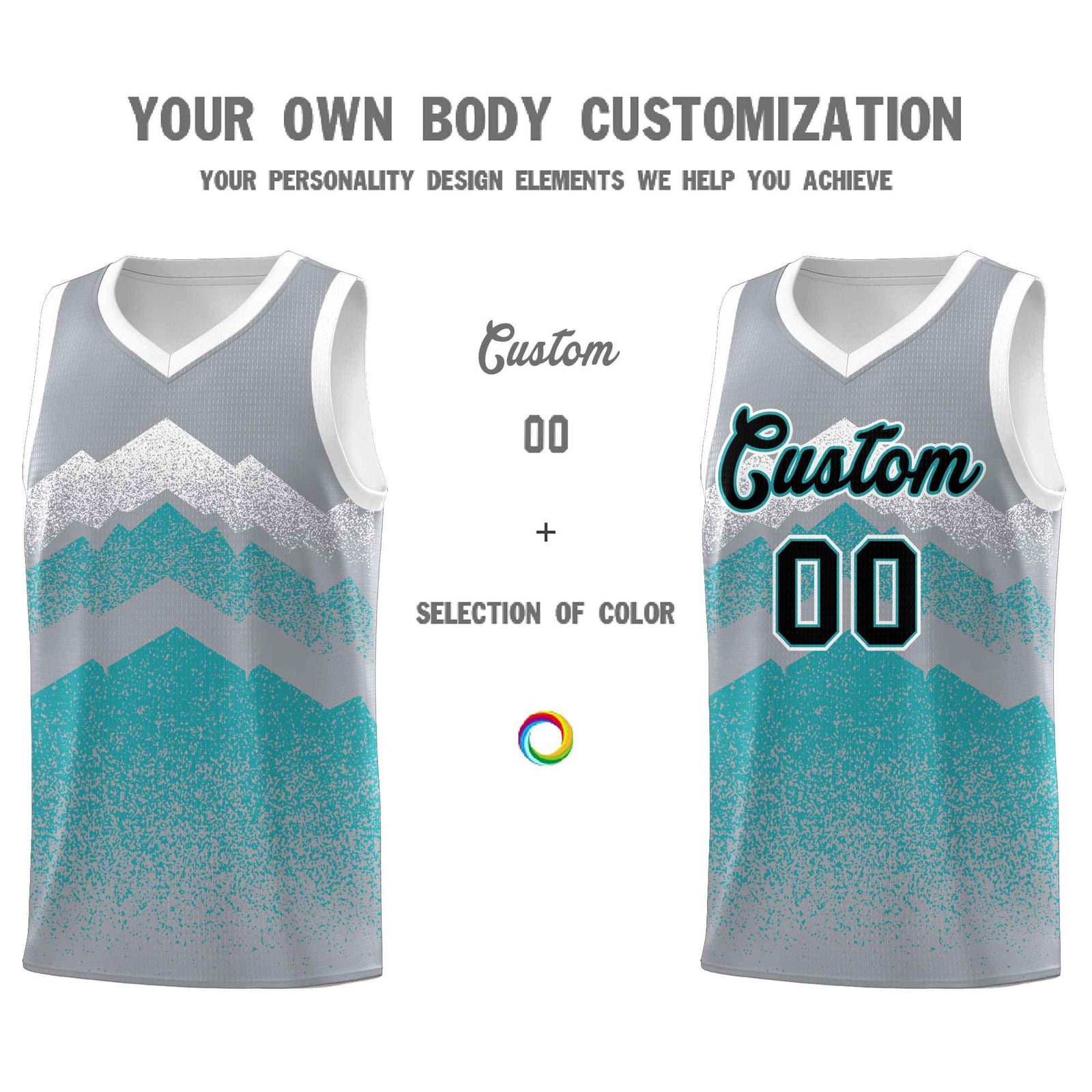 Personalized Youth Basketball Jerseys Silver Teal Gradient Mountain Design Uniforms