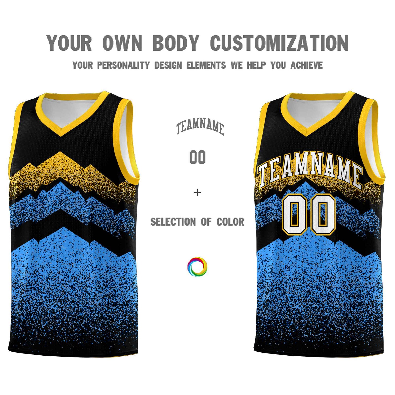 Custom Youth Basketball Jerseys Black Powder Blue Gradient Mountain Design Uniforms
