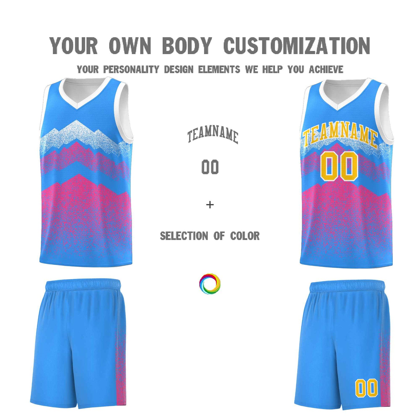 Custom Youth Basketball Jerseys Powder Blue Pink Gradient Mountain Design Uniforms