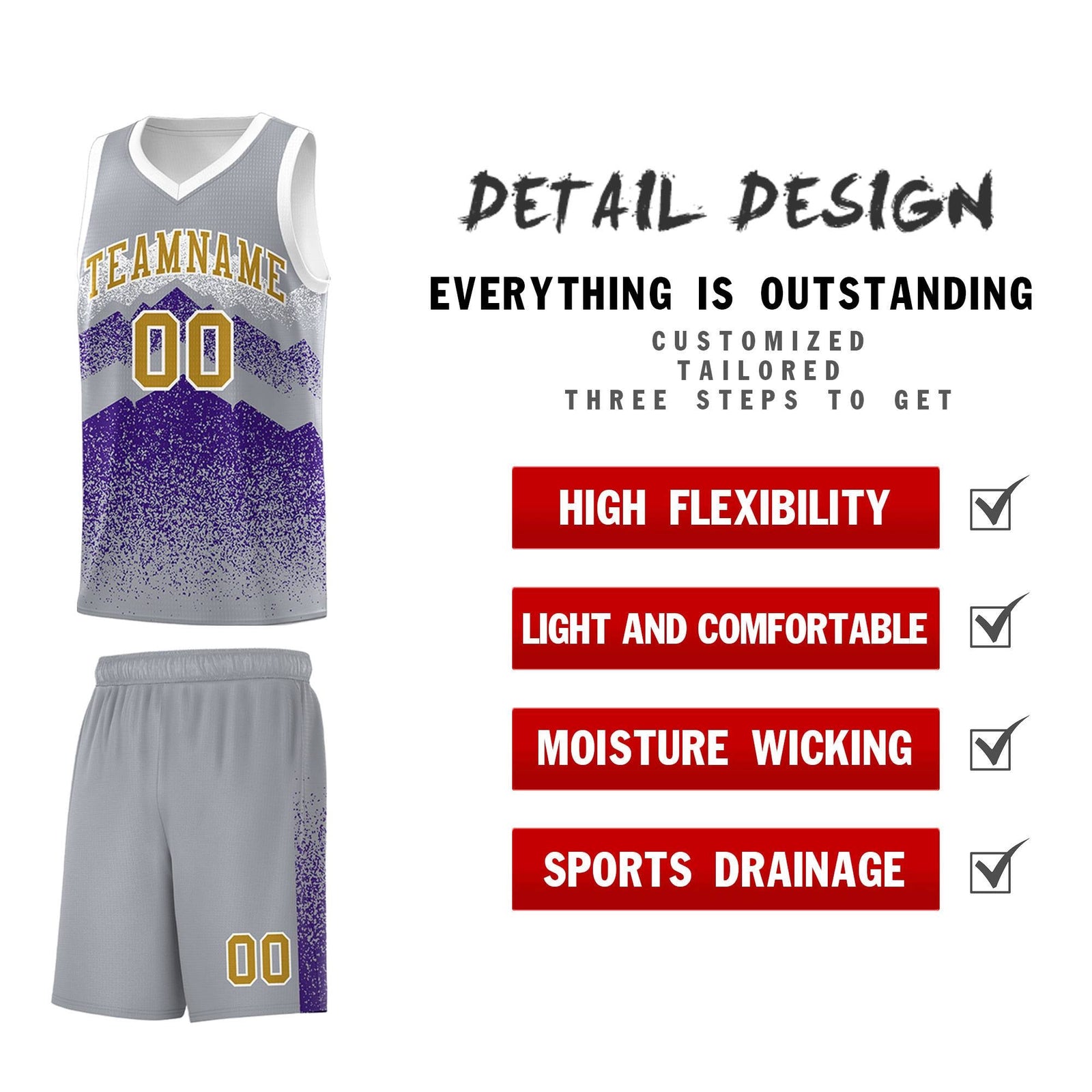 Custom Youth Basketball Jerseys Gray Purple Gradient Mountain Design Uniforms