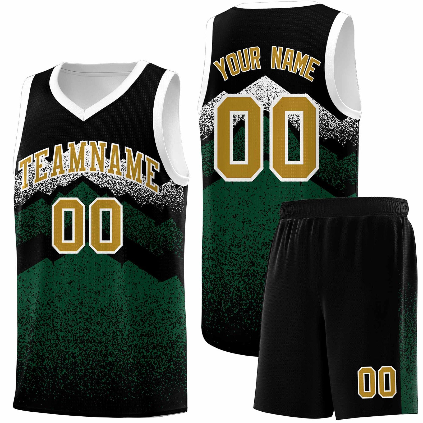 Personalized Youth Basketball Jerseys Black Green Gradient Mountain Design Uniforms