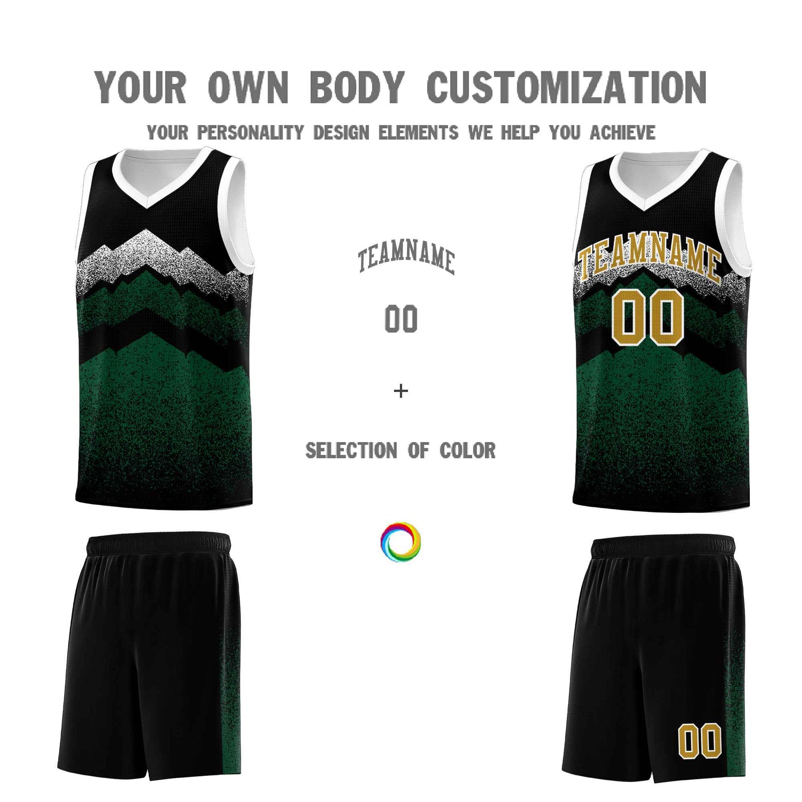 Personalized Youth Basketball Jerseys Black Green Gradient Mountain Design Uniforms