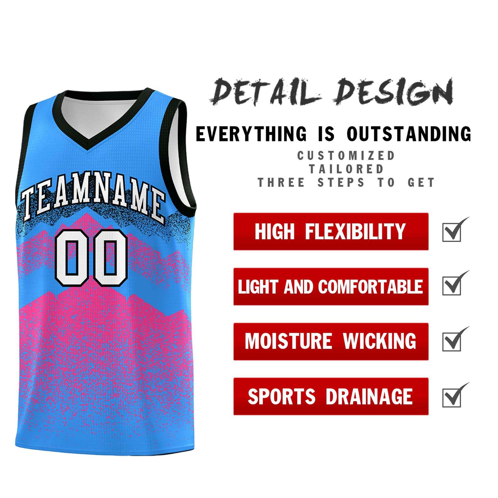 Custom Youth Basketball Jerseys Powder Blue Pink Gradient Mountain Design Uniforms