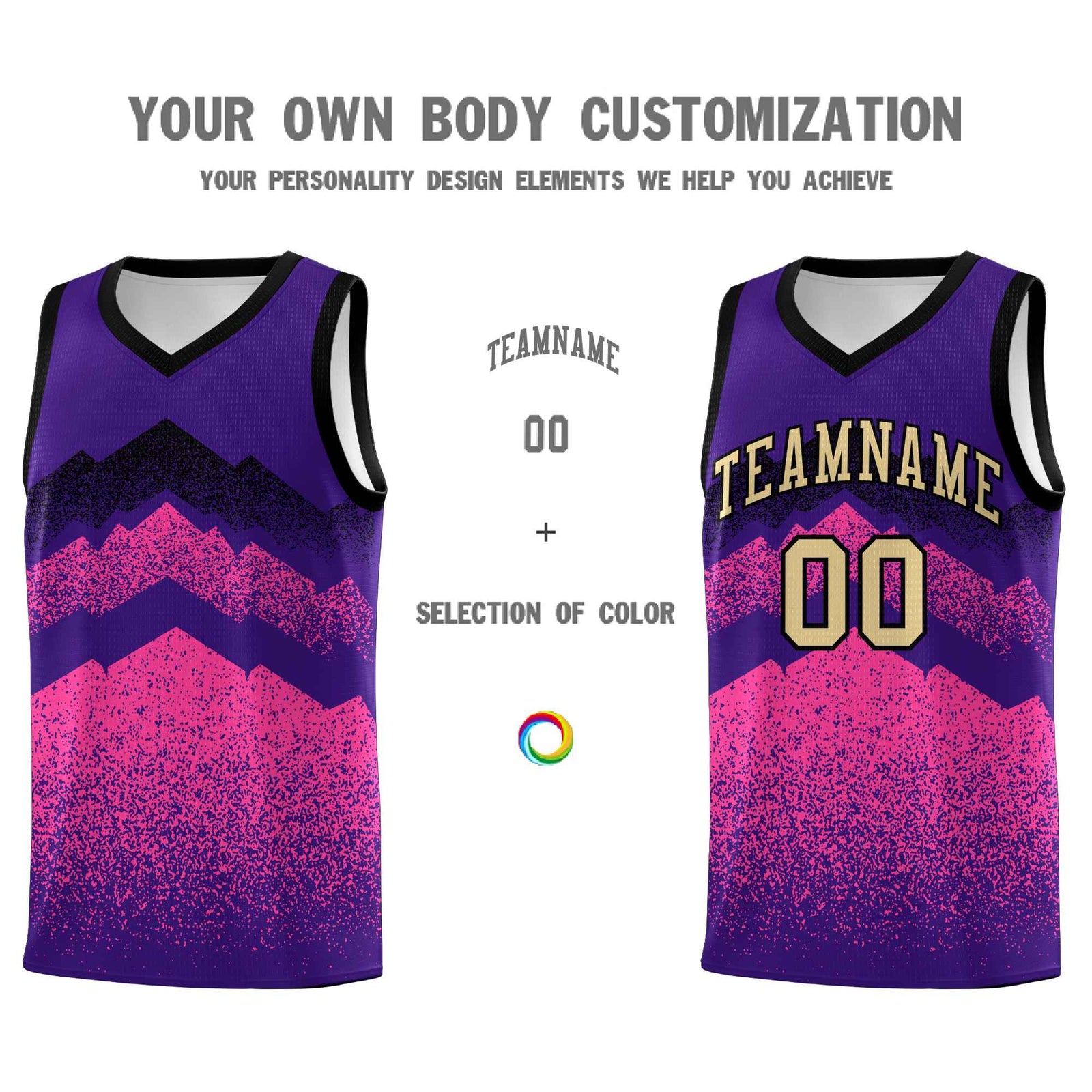 Custom Youth Basketball Jerseys Purple Pink Gradient Mountain Design Uniforms