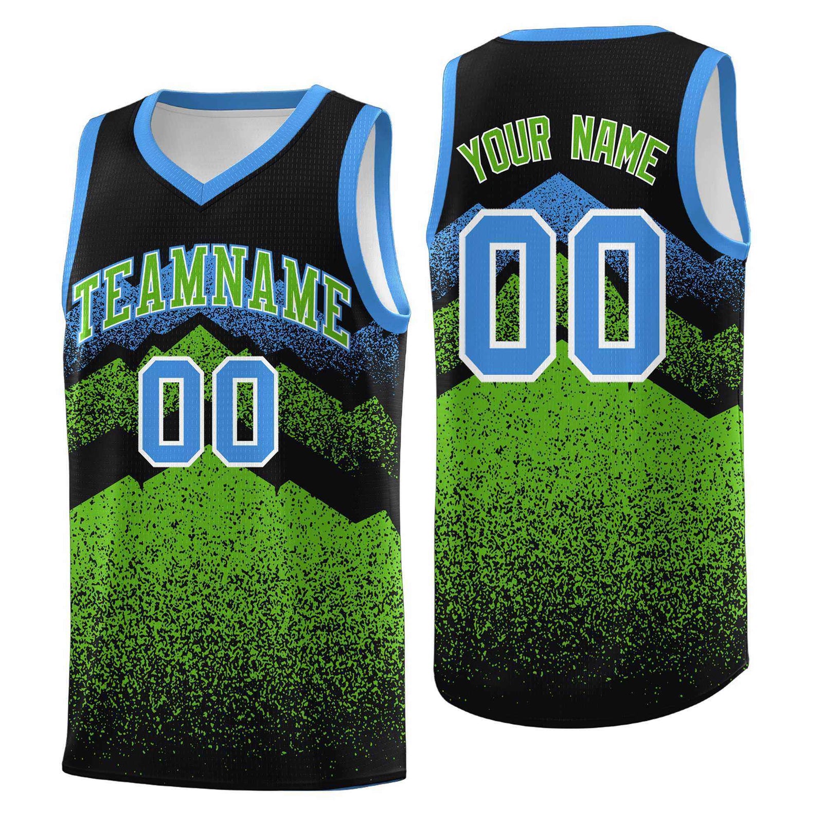 Personalized Youth Basketball Jerseys Black Green Gradient Mountain Design Uniforms