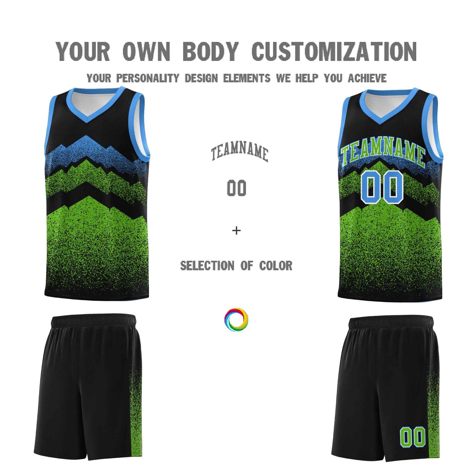 Personalized Youth Basketball Jerseys Black Green Gradient Mountain Design Uniforms