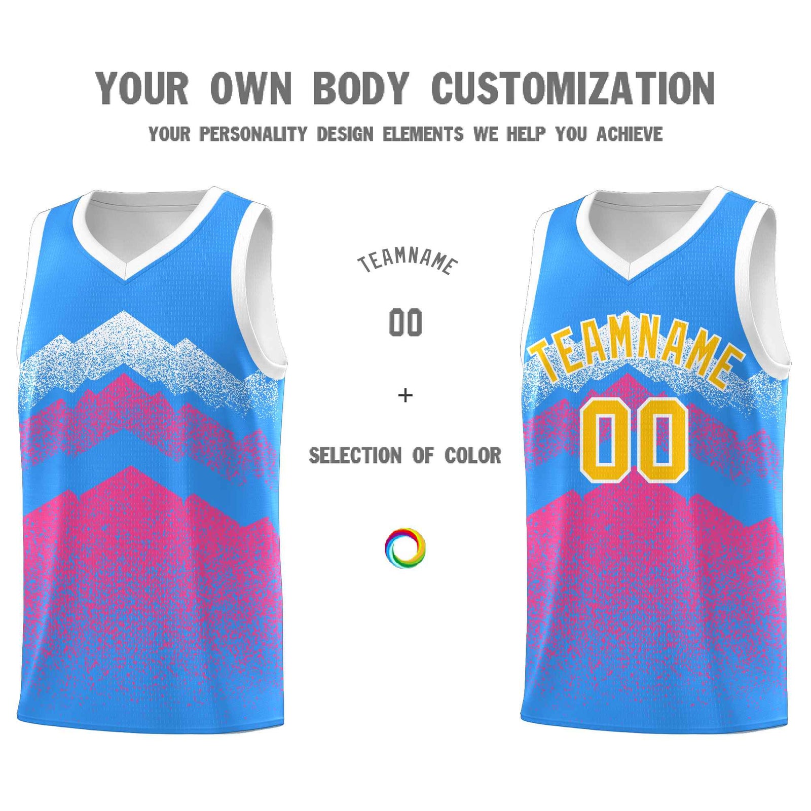 Custom Youth Basketball Jerseys Powder Blue Pink Gradient Mountain Design Uniforms