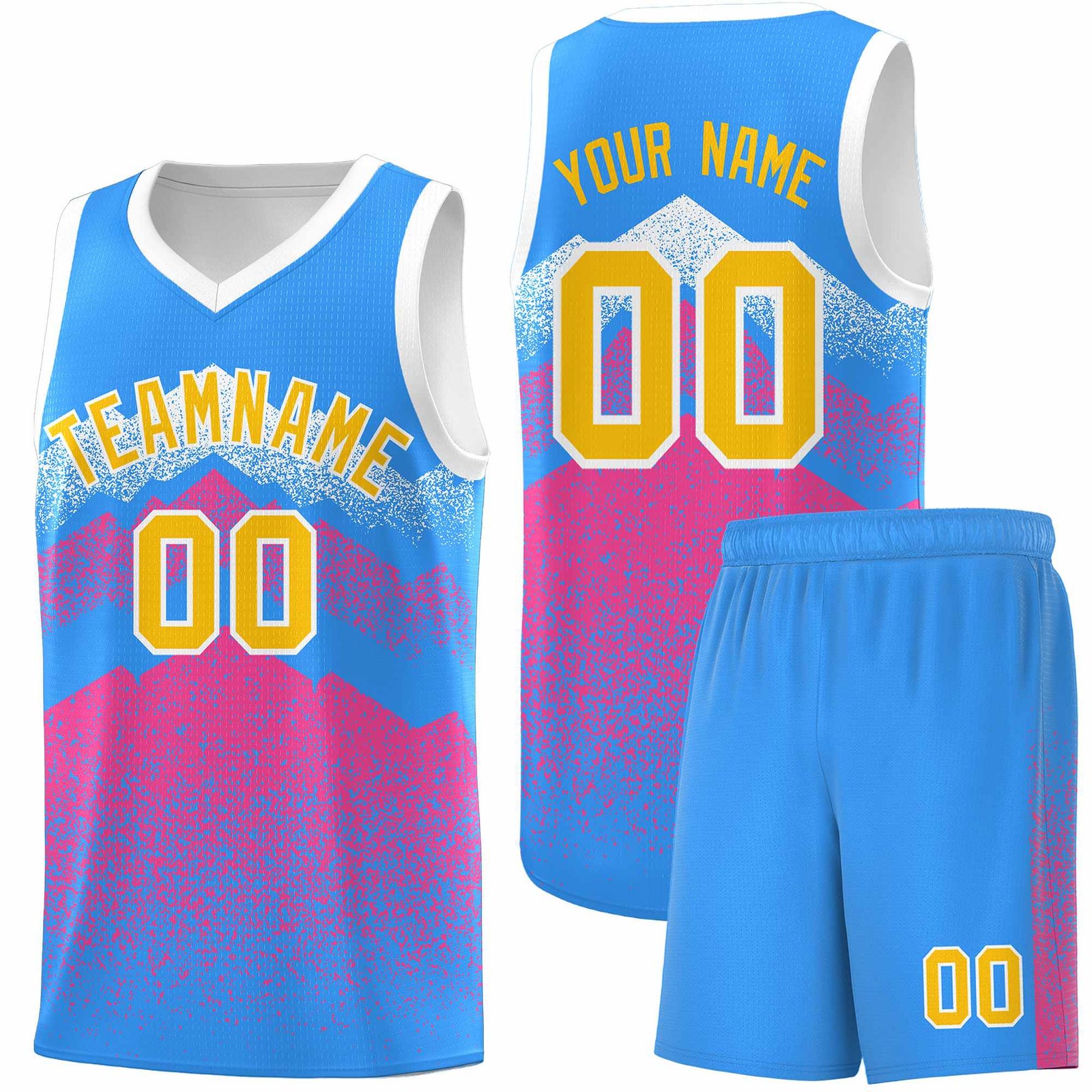 Custom Youth Basketball Jerseys Powder Blue Pink Gradient Mountain Design Uniforms