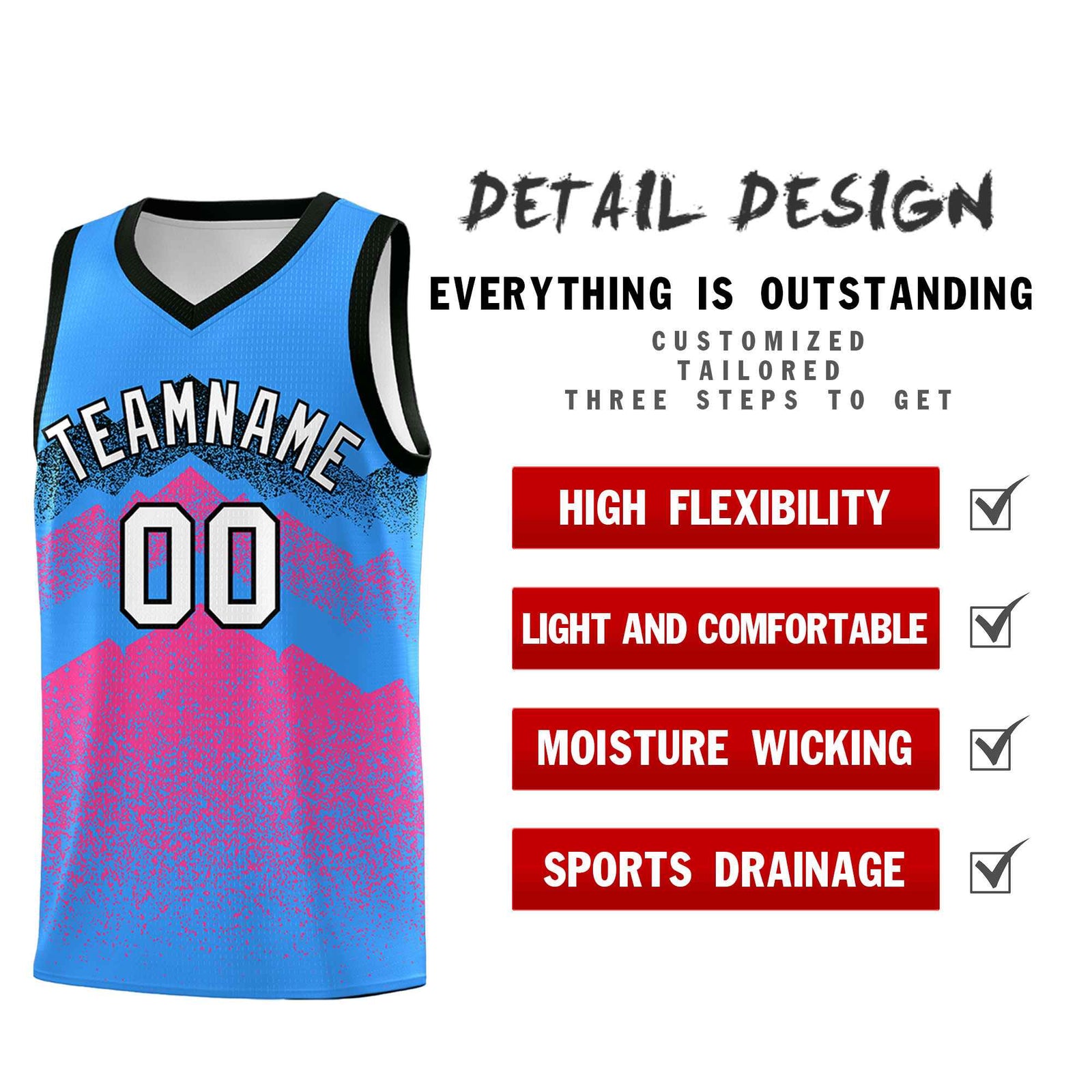 Custom Youth Basketball Jerseys Powder Blue Pink Gradient Mountain Design Uniforms