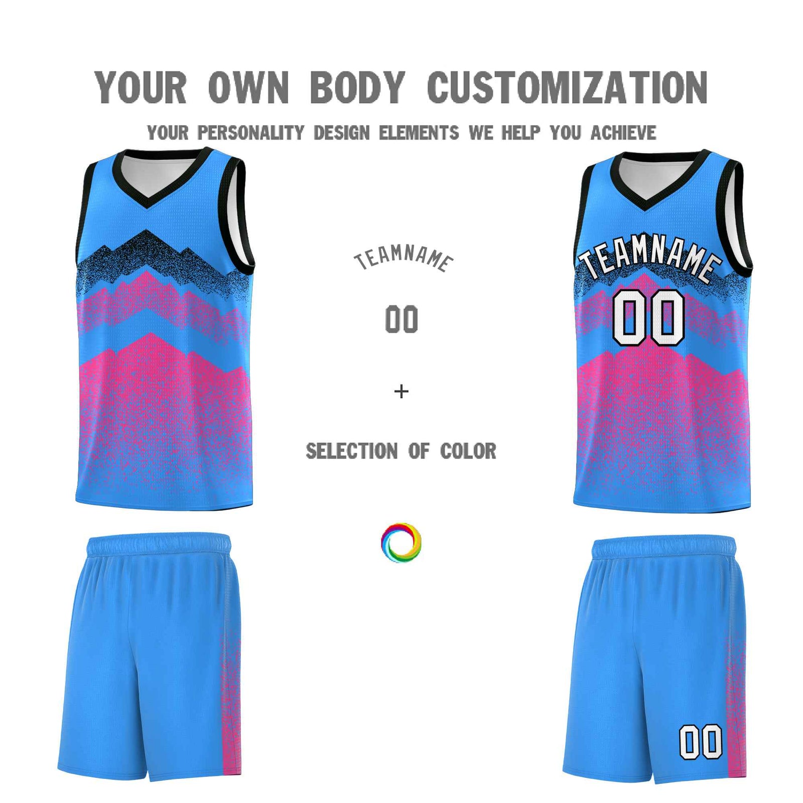 Custom Youth Basketball Jerseys Powder Blue Pink Gradient Mountain Design Uniforms