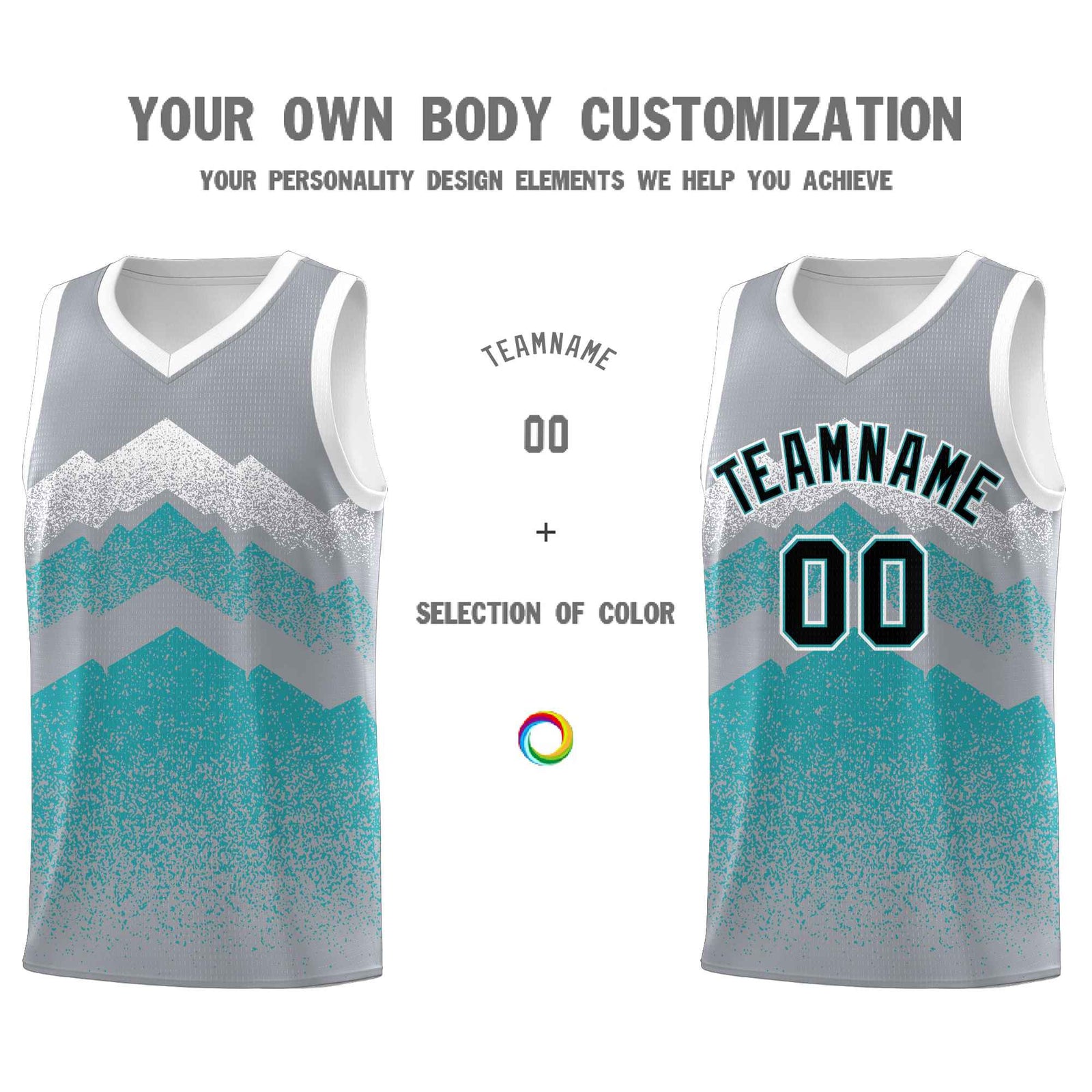 Personalized Youth Basketball Jerseys Silver Teal Gradient Mountain Design Uniforms