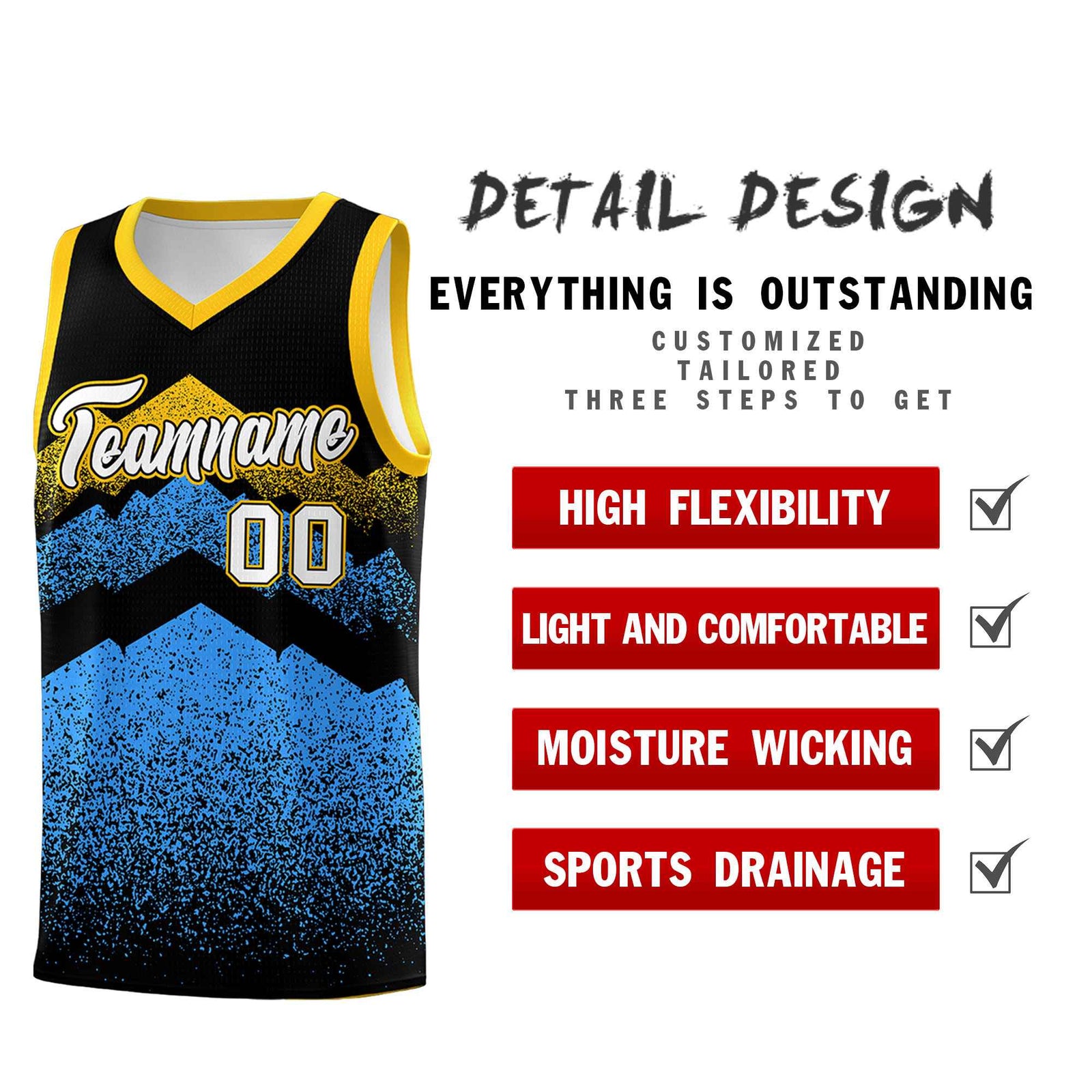 Custom Youth Basketball Jerseys Black Powder Blue Gradient Mountain Design Uniforms