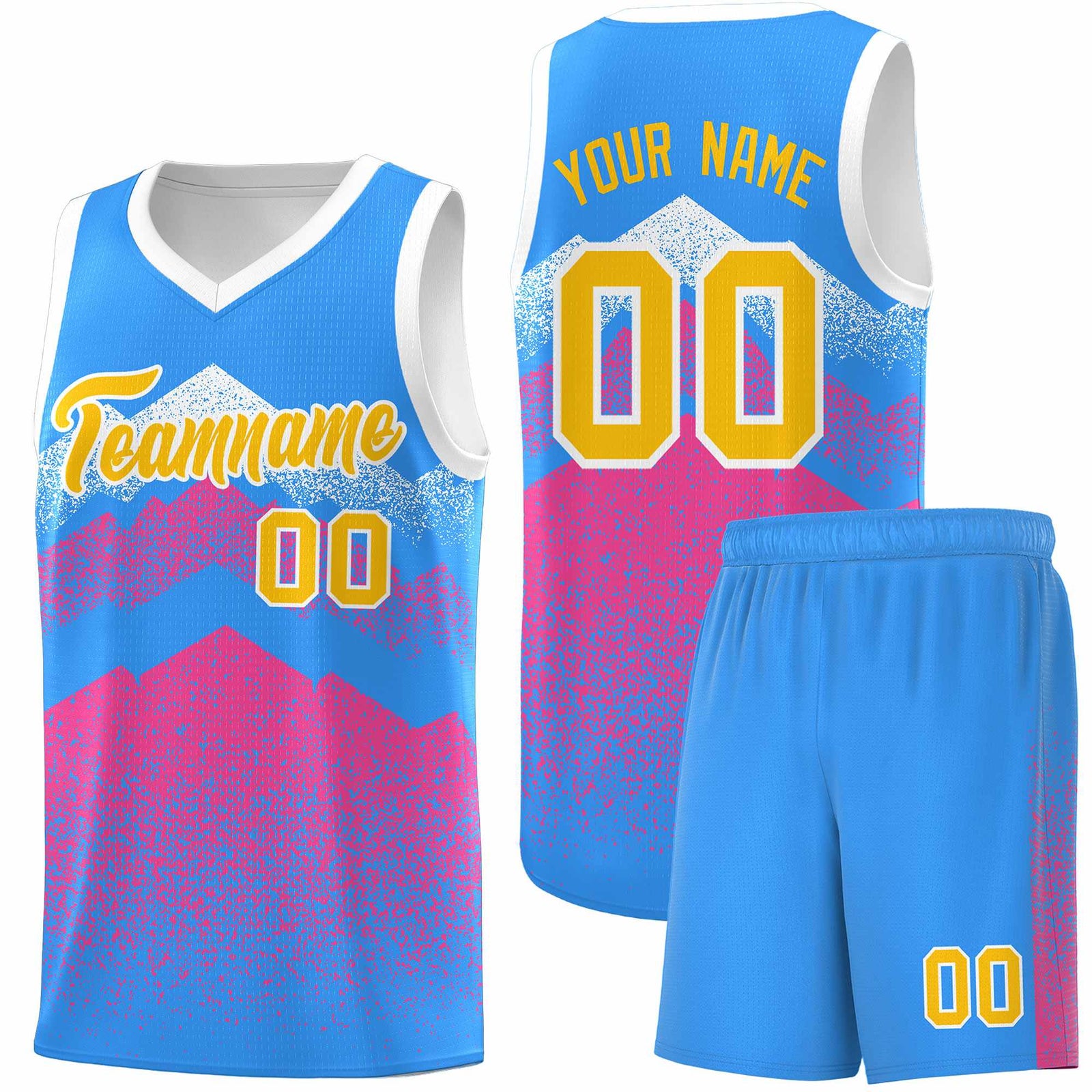 Custom Youth Basketball Jerseys Powder Blue Pink Gradient Mountain Design Uniforms
