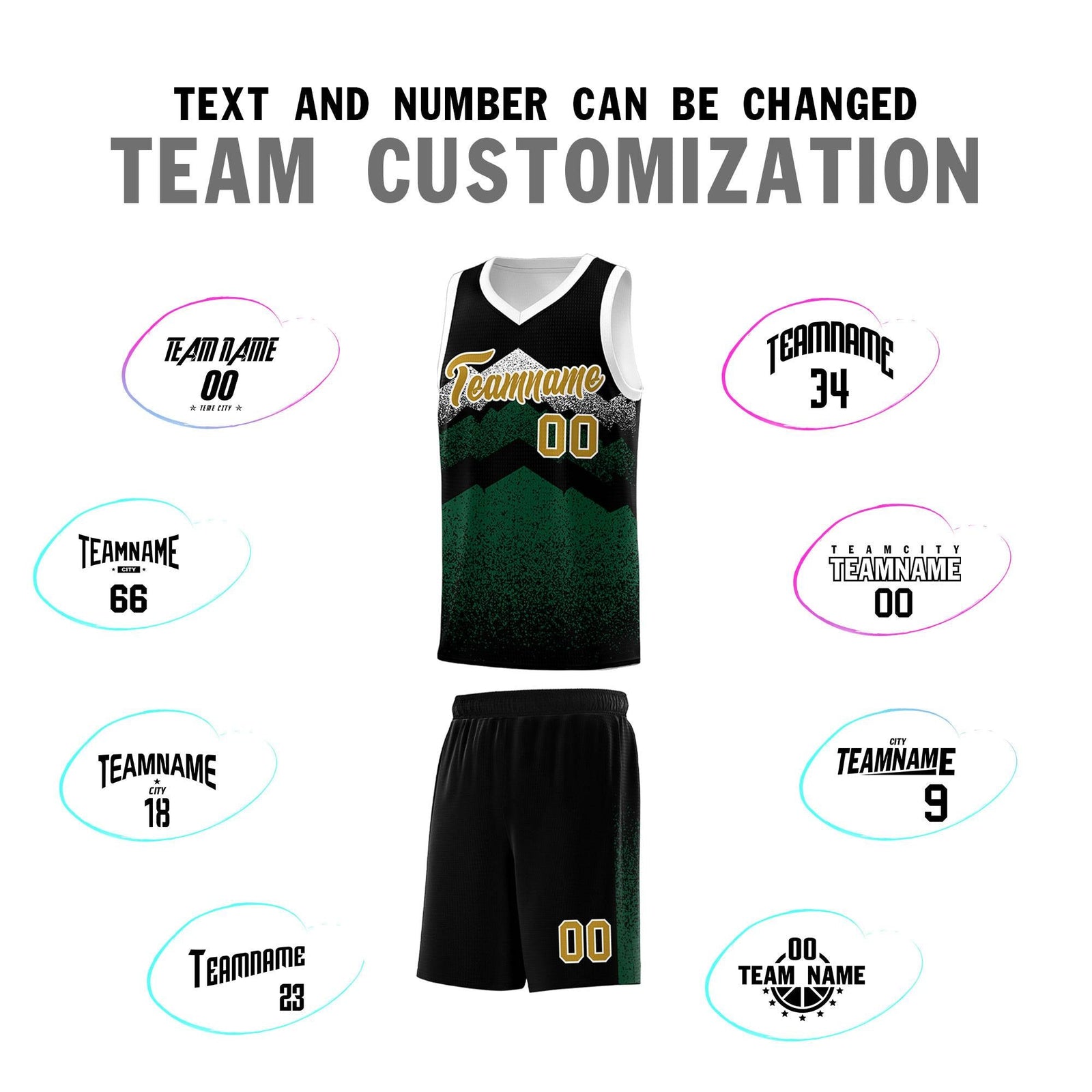 Personalized Youth Basketball Jerseys Black Green Gradient Mountain Design Uniforms