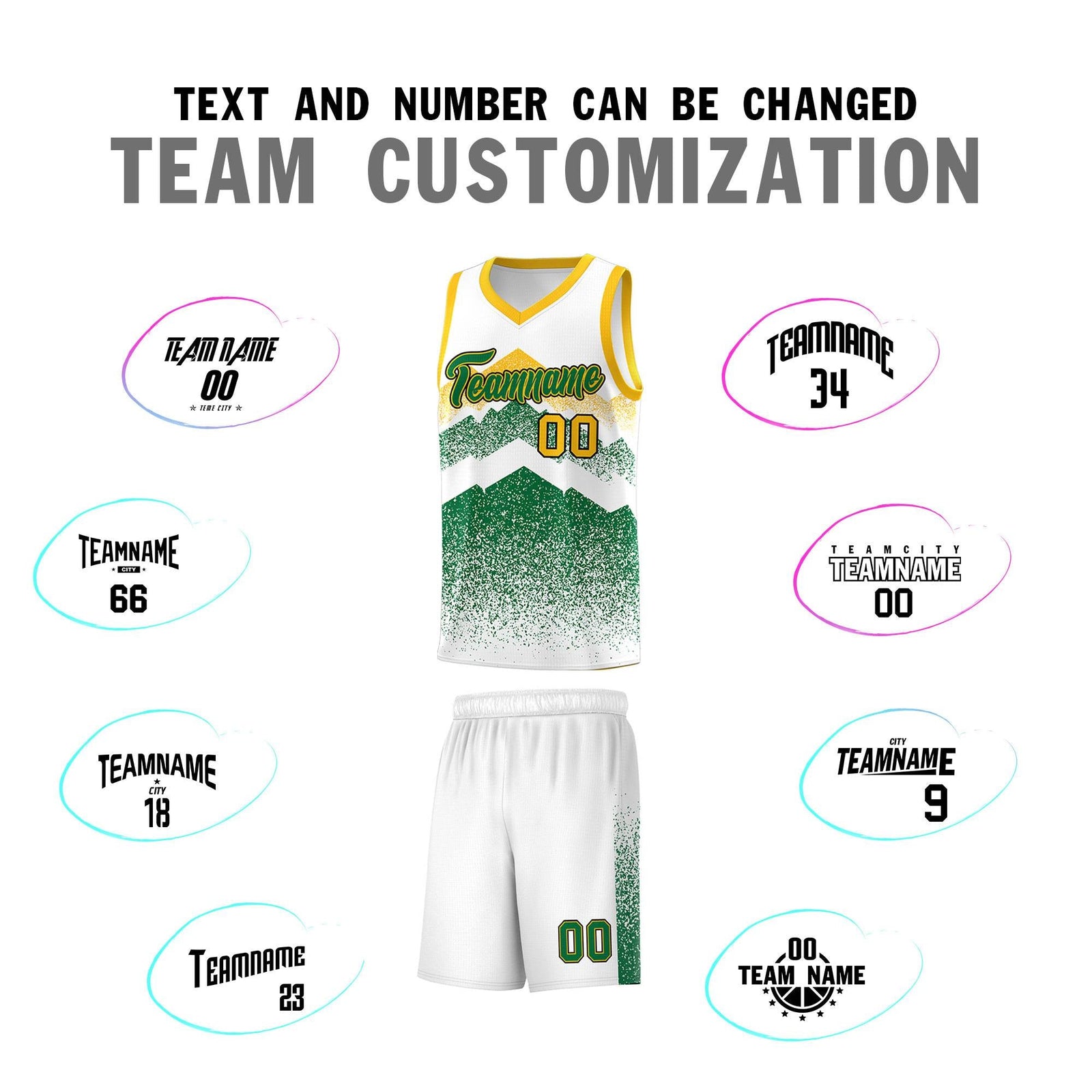Personalized Youth Basketball Jerseys White Kelly Green Gradient Mountain Design Uniforms