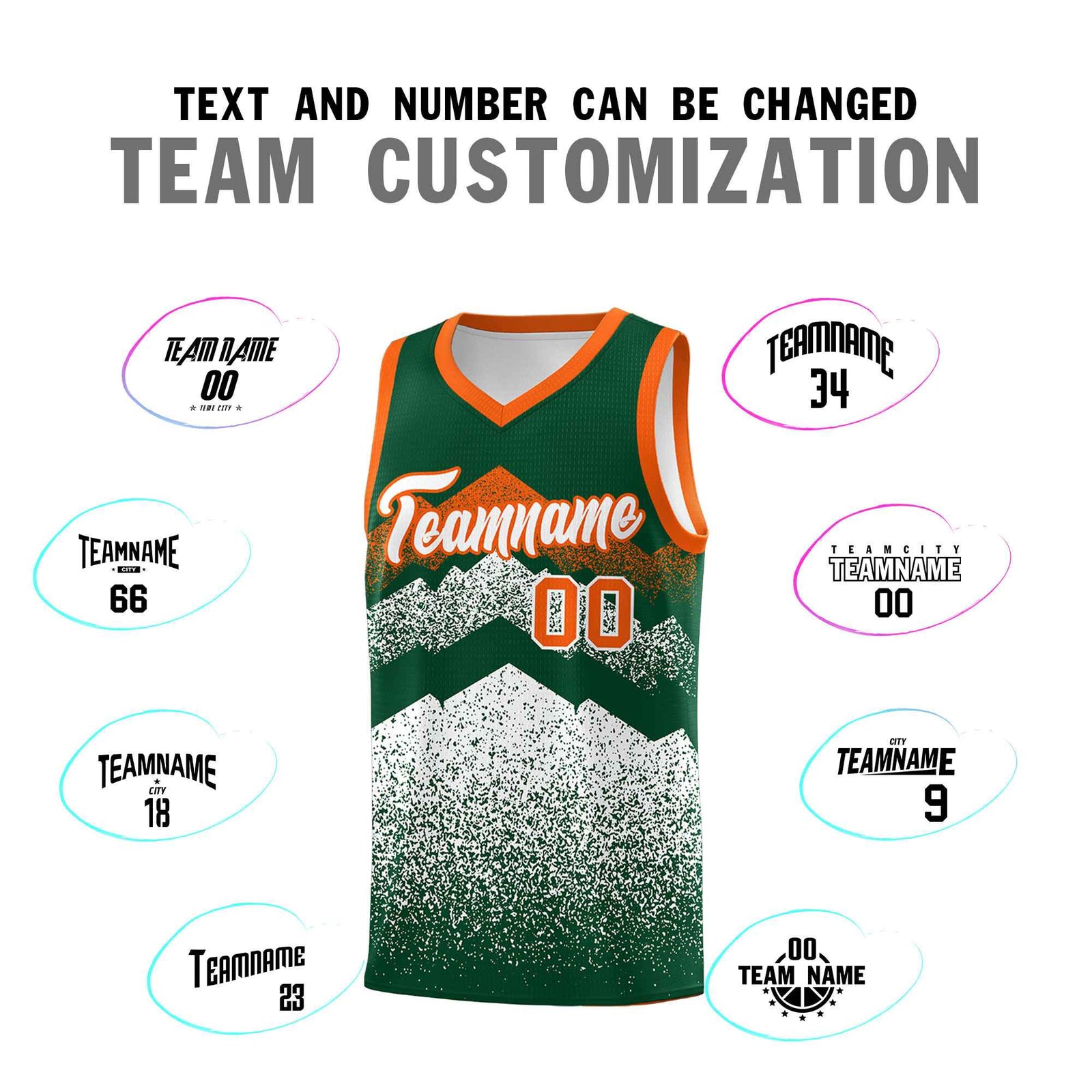 Personalized Youth Basketball Jerseys Green White Gradient Mountain Design Uniforms