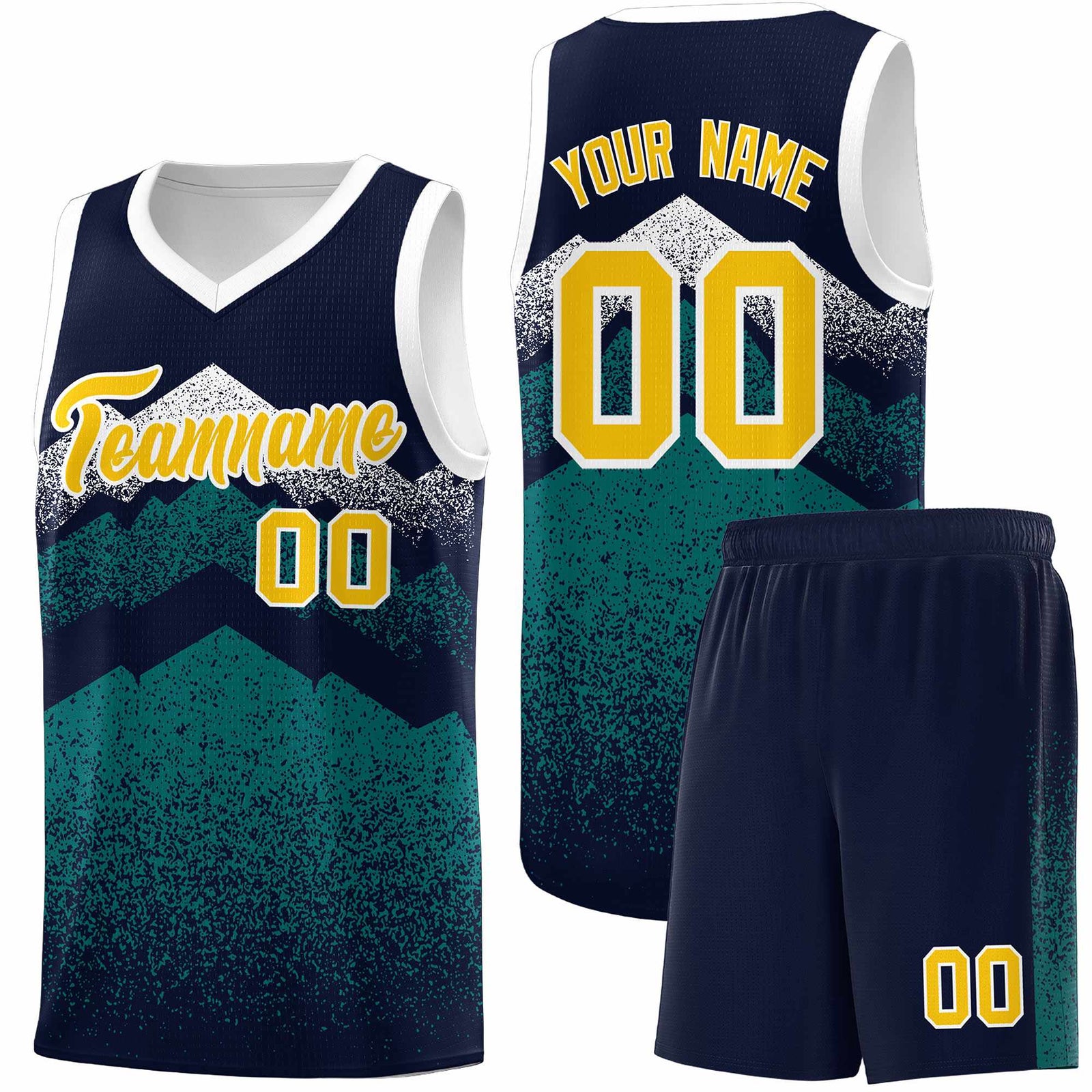 Custom Youth Basketball Jerseys Navy Teal Gradient Mountain Design Uniforms