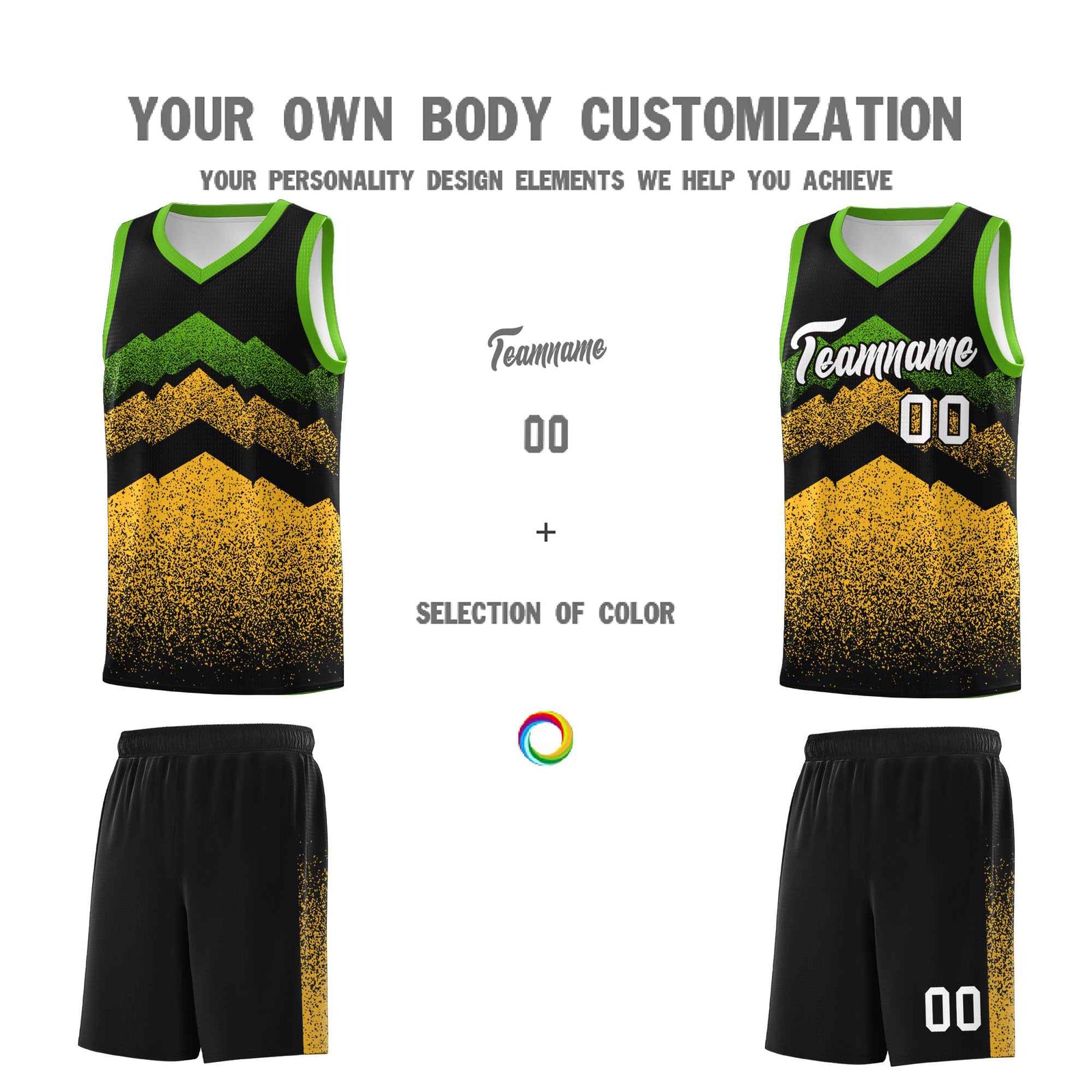 Personalized Youth Basketball Jerseys Black Gold Gradient Mountain Design Uniforms