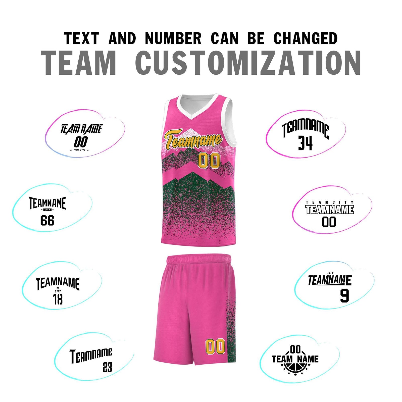Personalized Youth Basketball Jerseys Pink Green Gradient Mountain Design Uniforms