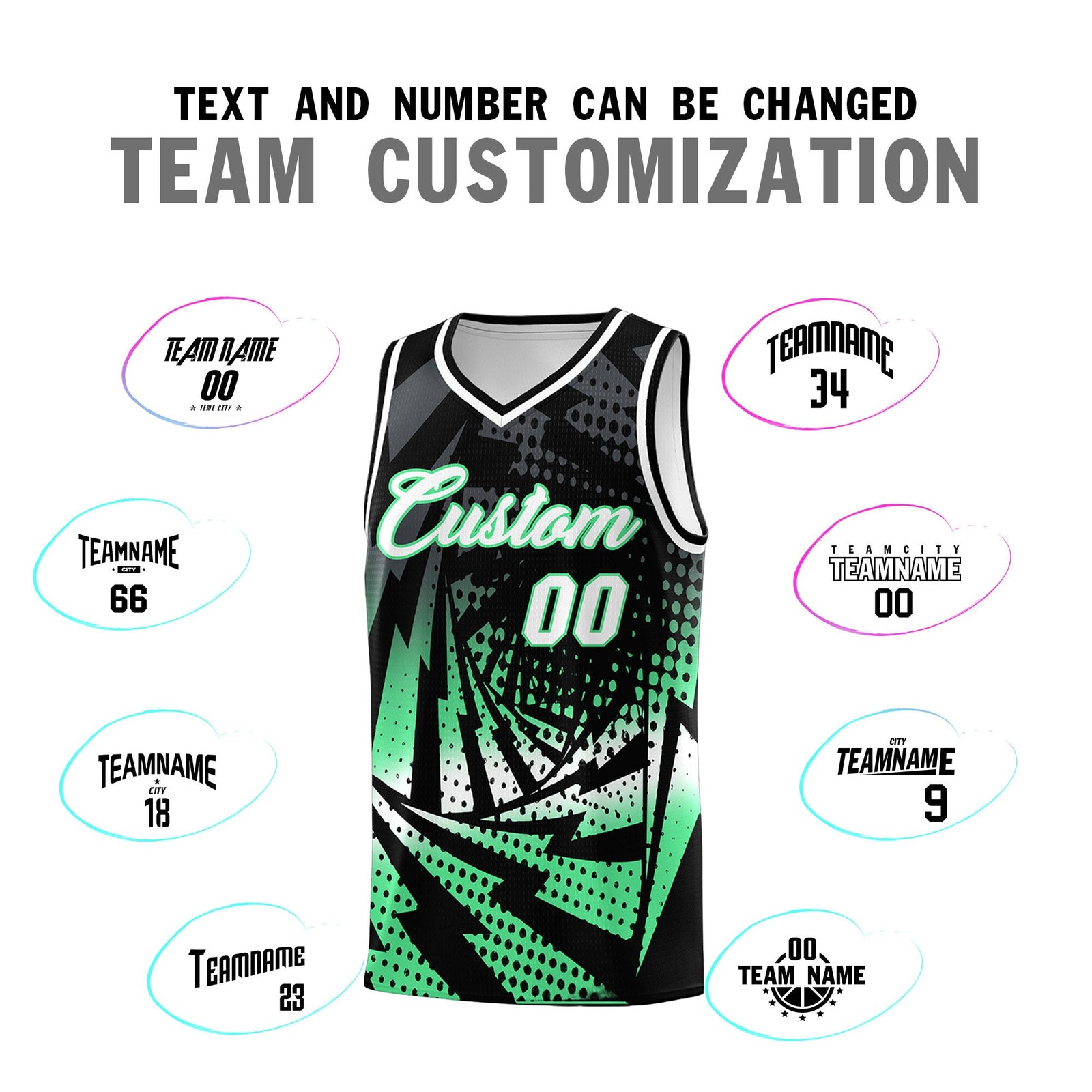 Custom Youth Basketball Jerseys Black Green Lightning Design Halftone Personalized Uniforms