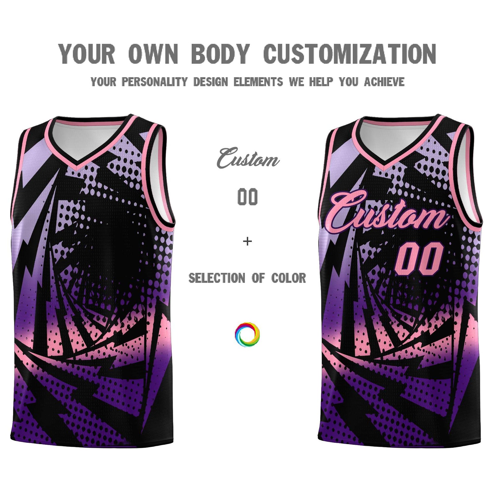 Custom Youth Basketball Jerseys Black Purple Lightning Halftone Personalized Team Uniforms