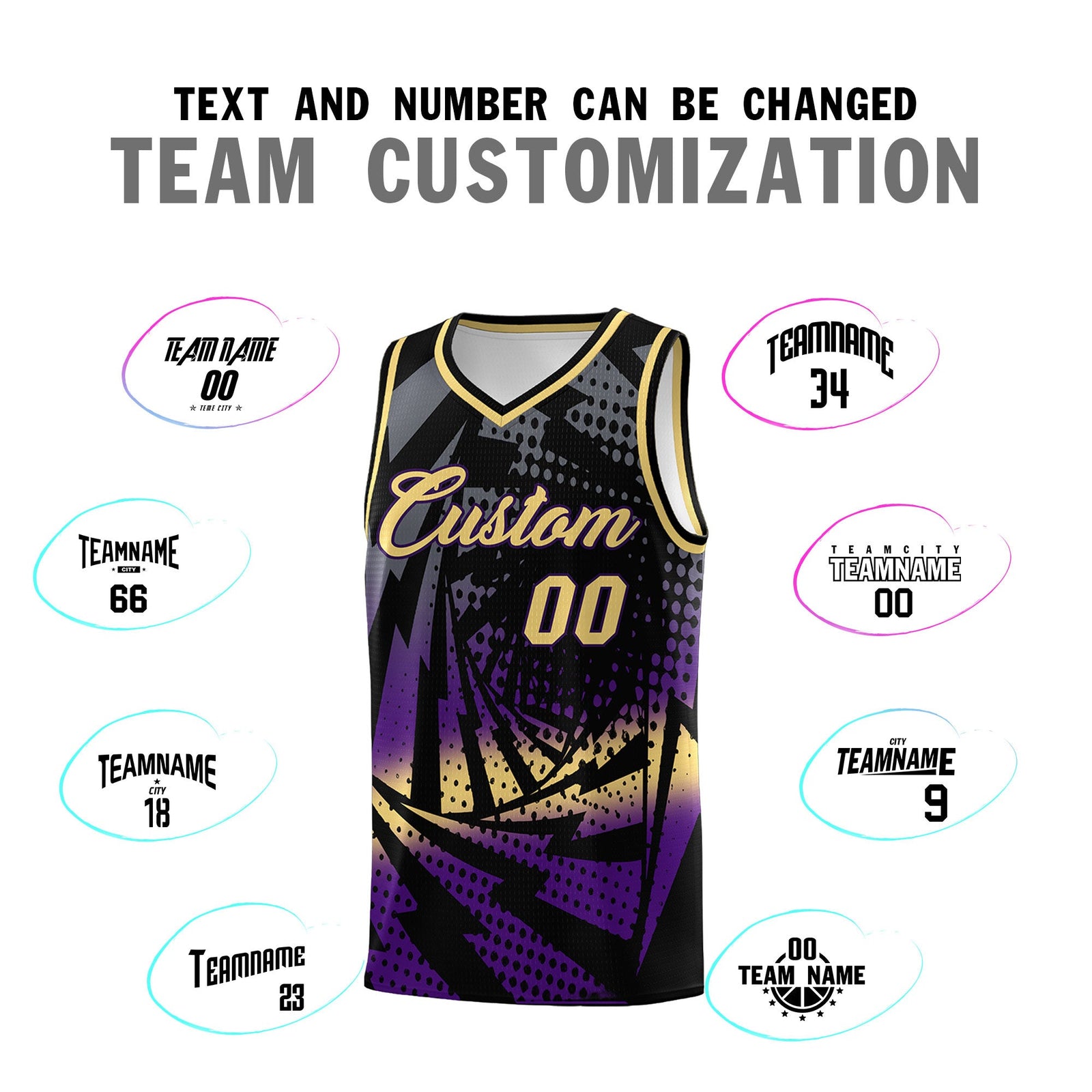Custom Youth Basketball Jerseys Black Purple Lightning Design Halftone Personalized Uniforms