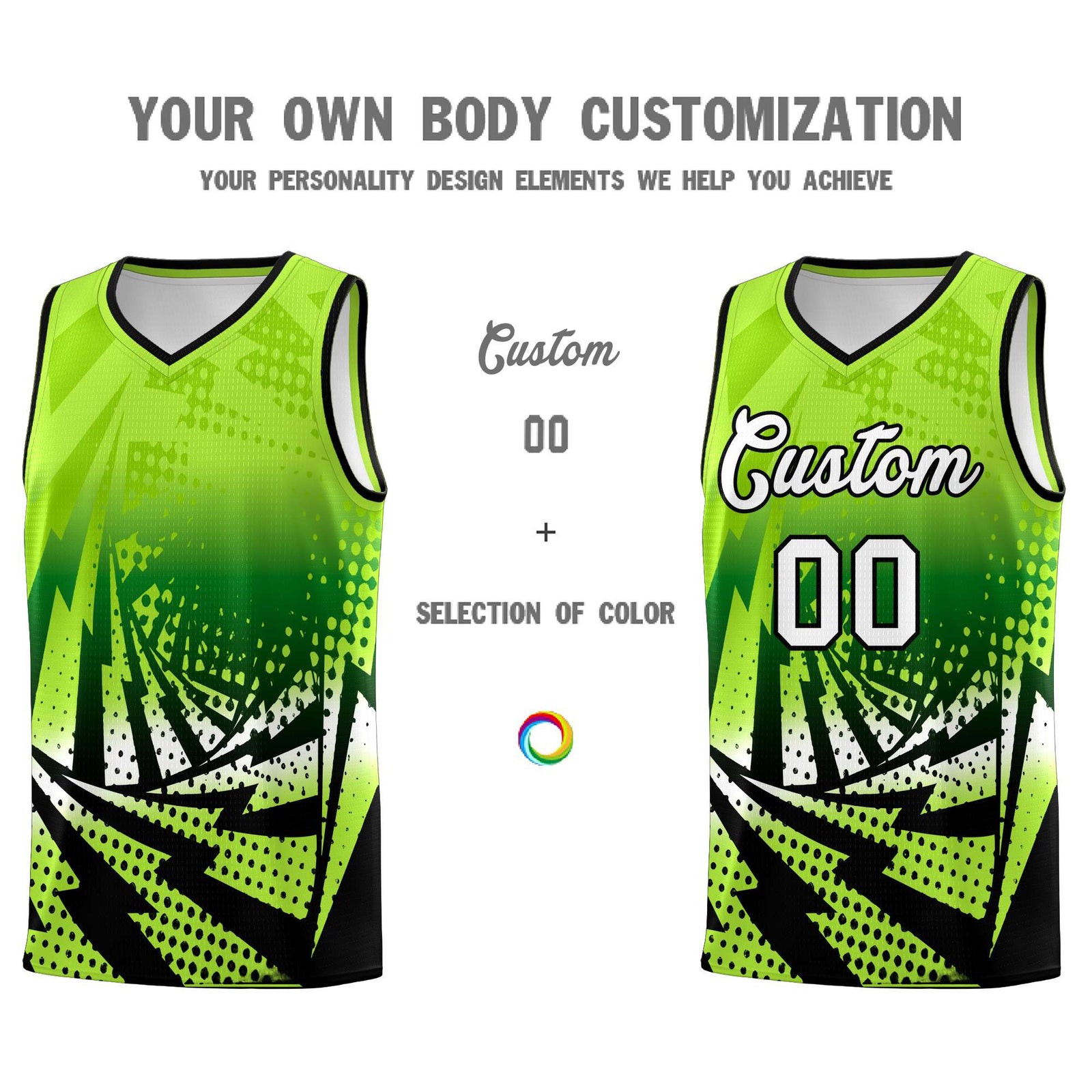 Custom Youth Basketball Jerseys Neon Green Black Lightning Halftone Personalized Team Uniforms
