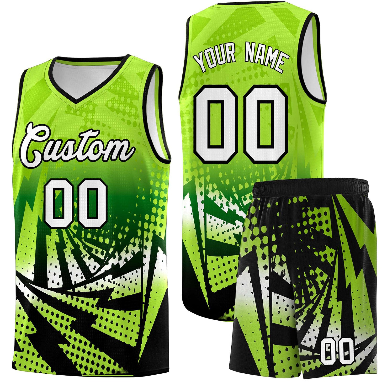 Custom Youth Basketball Jerseys Neon Green Black Lightning Halftone Personalized Team Uniforms