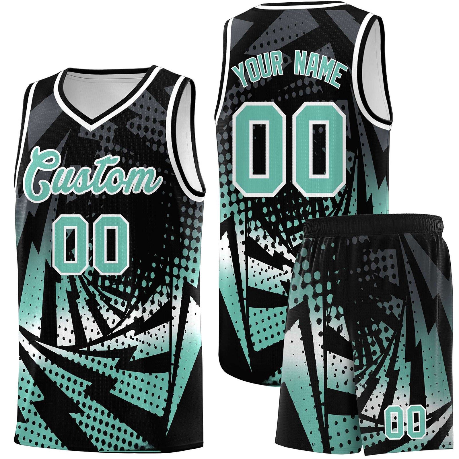 Custom Youth Basketball Jerseys Black Bright Green Lightning Halftone Personalized Team Uniforms