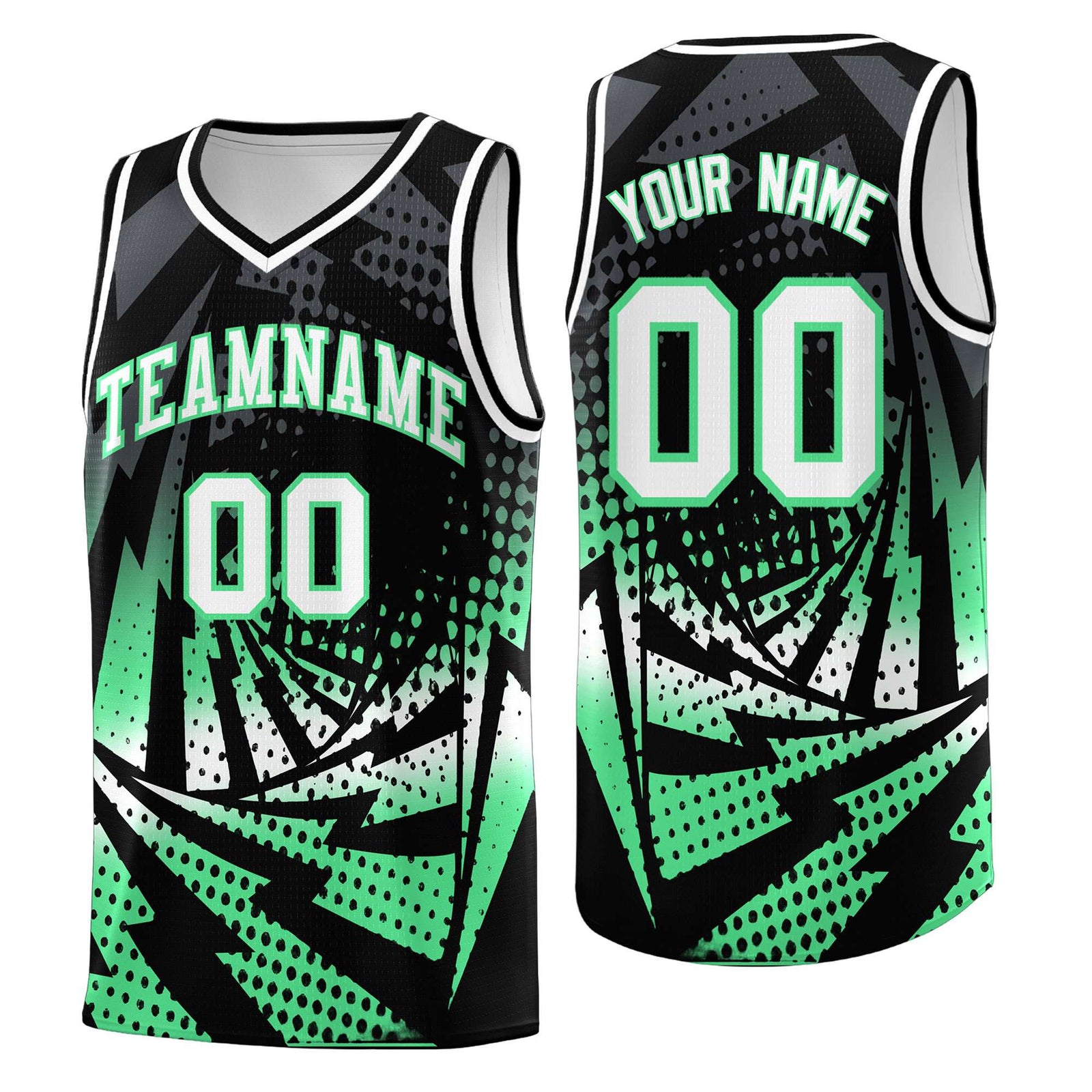 Custom Youth Basketball Jerseys Black Green Lightning Design Halftone Personalized Uniforms