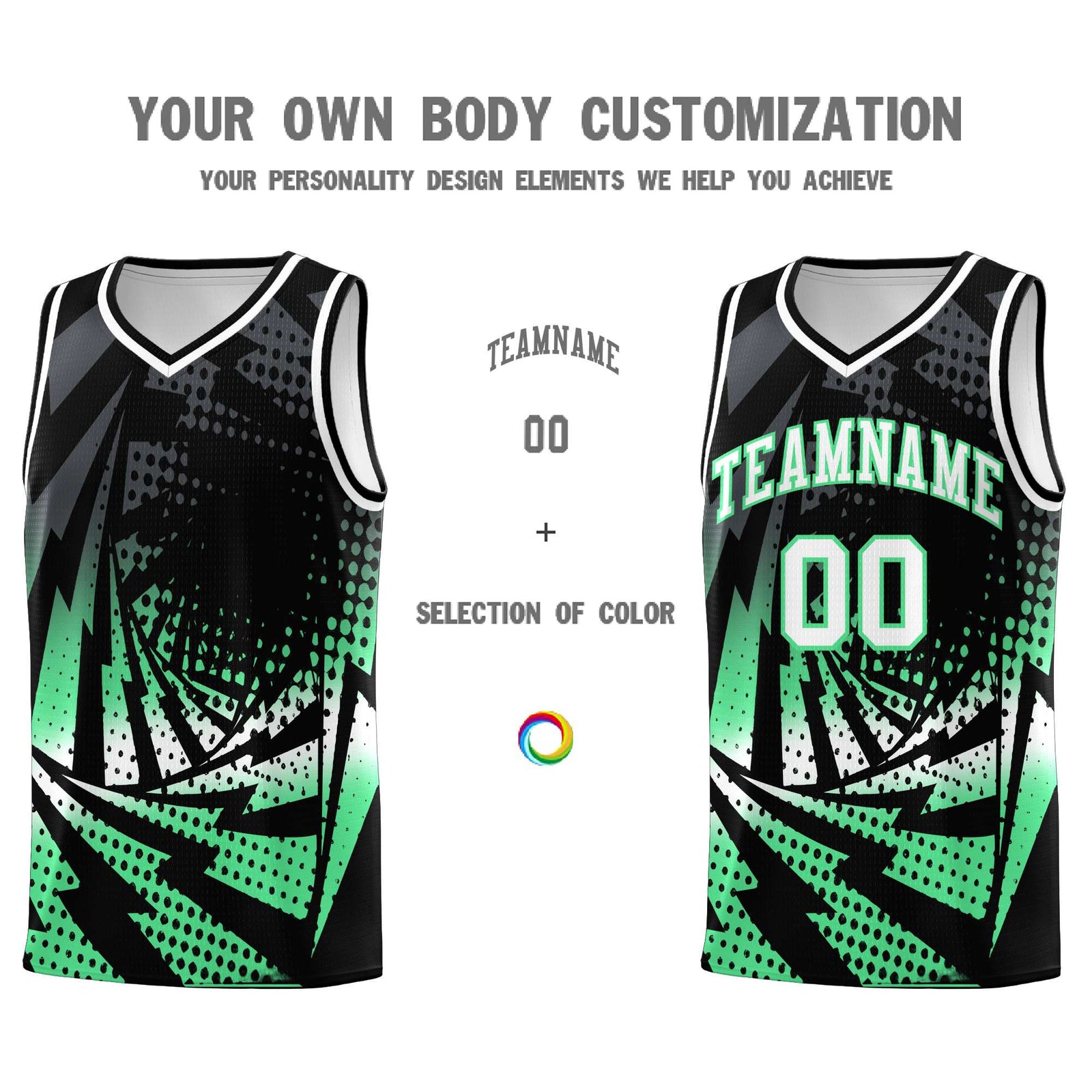 Custom Youth Basketball Jerseys Black Green Lightning Design Halftone Personalized Uniforms