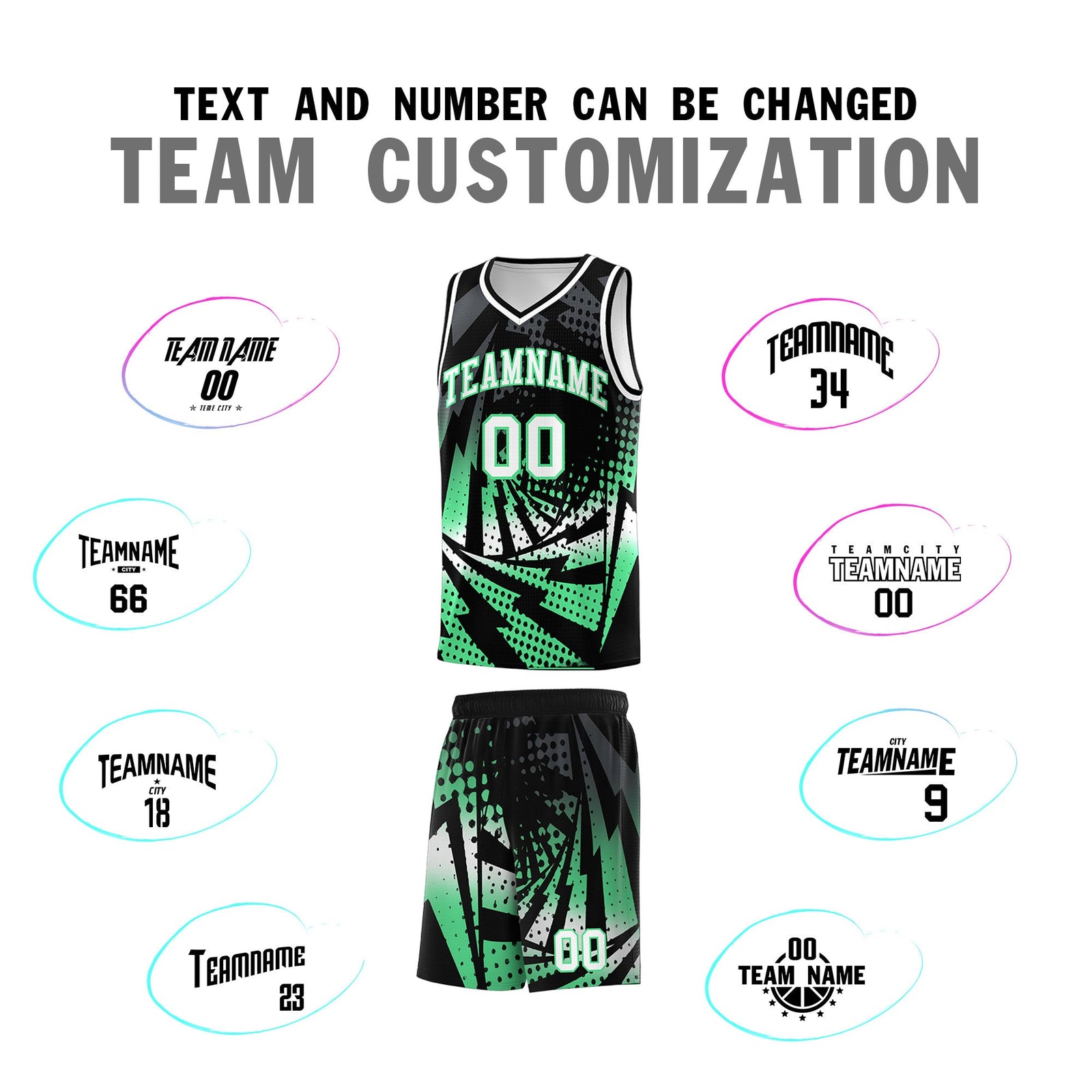 Custom Youth Basketball Jerseys Black Green Lightning Design Halftone Personalized Uniforms