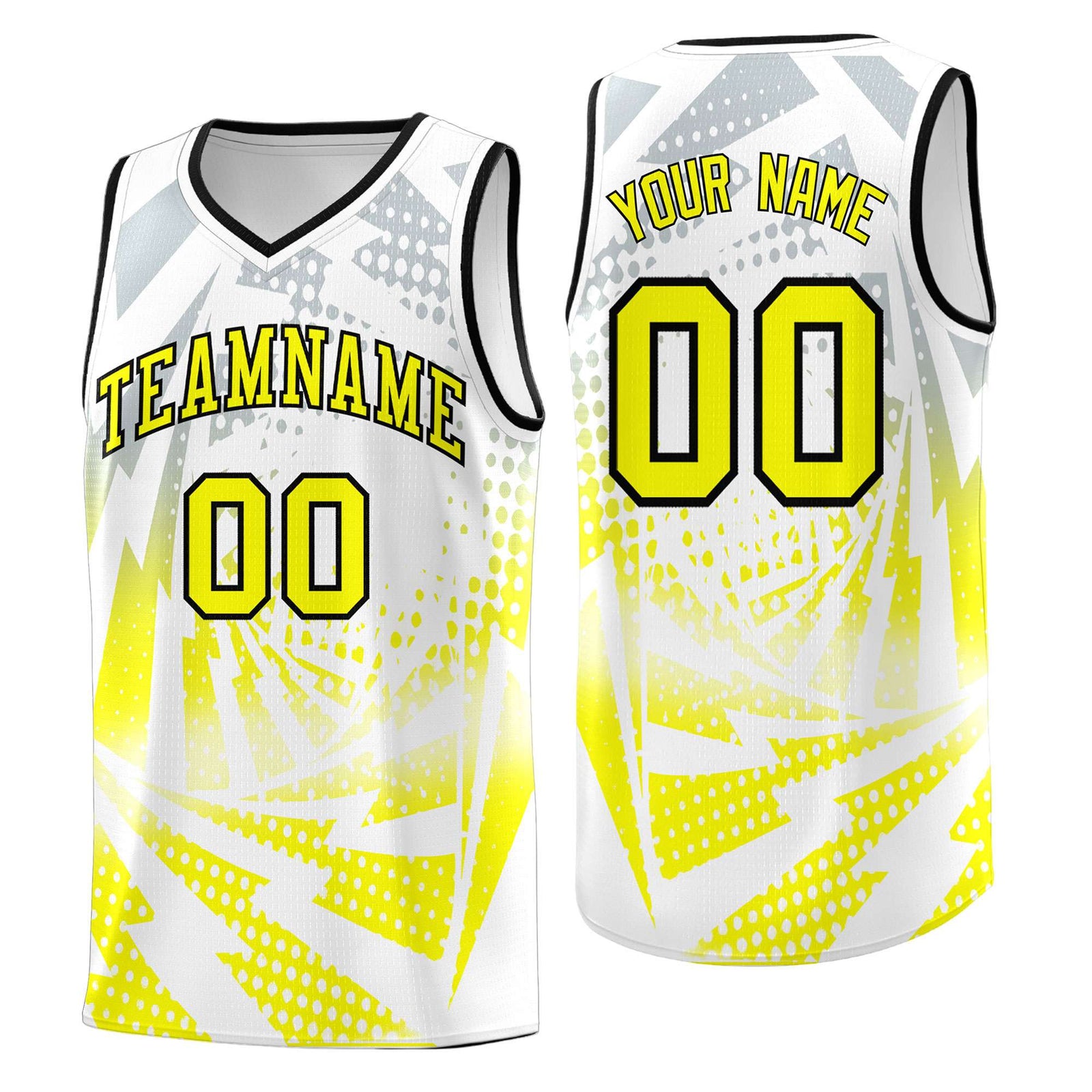 Custom Youth Basketball Jerseys White Fluorescent Yellow Lightning Halftone Personalized Team Uniforms