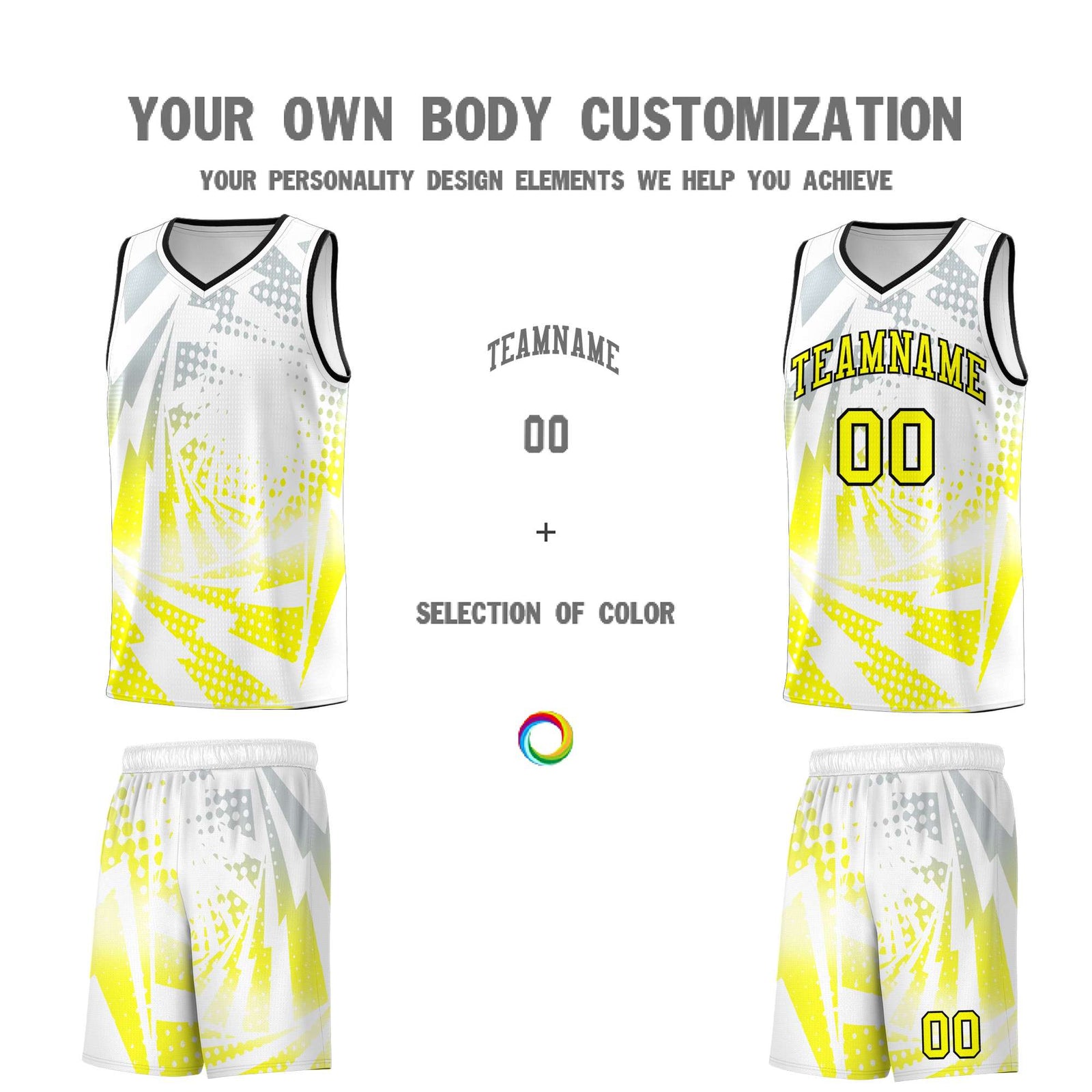 Custom Youth Basketball Jerseys White Fluorescent Yellow Lightning Halftone Personalized Team Uniforms