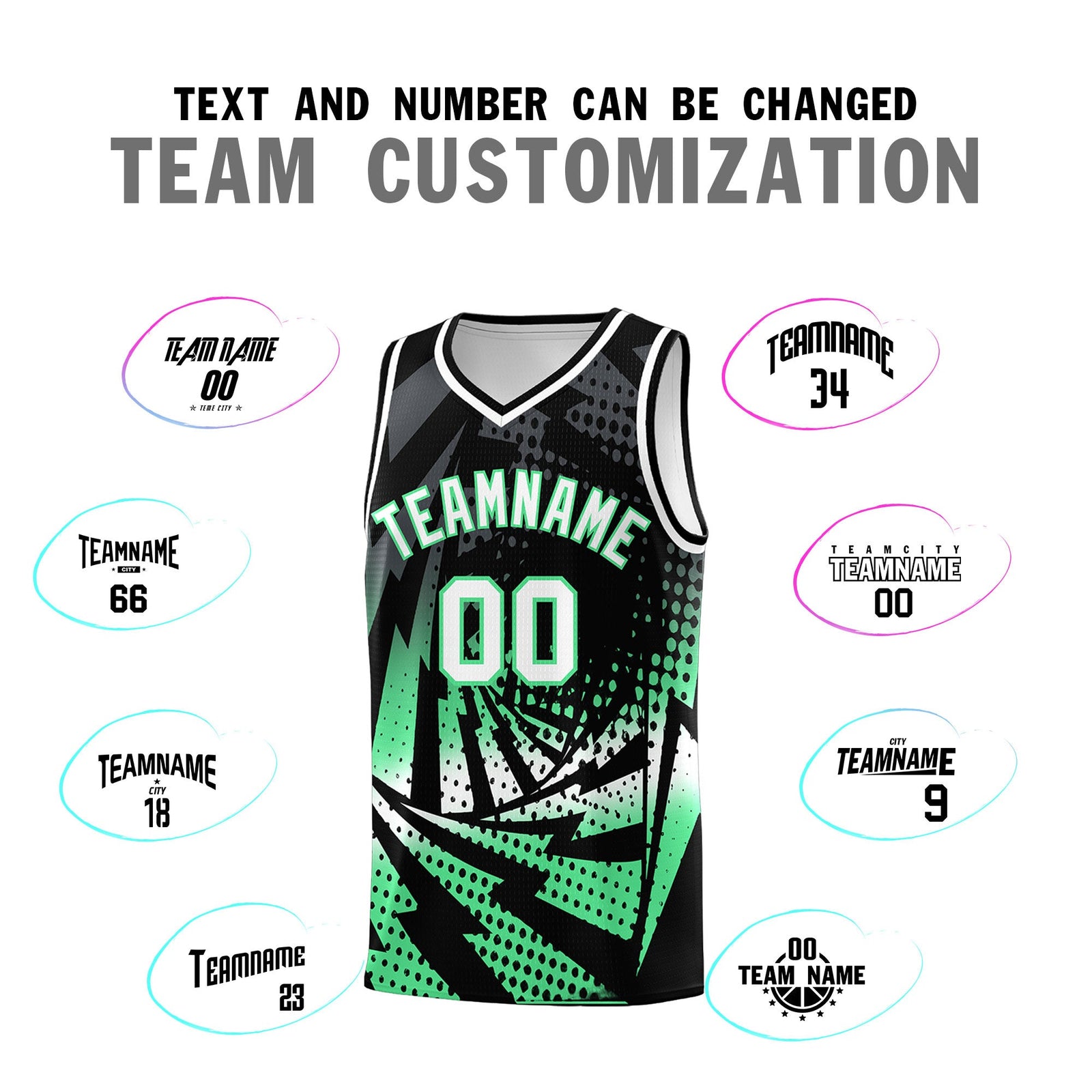 Custom Youth Basketball Jerseys Black Green Lightning Design Halftone Personalized Uniforms