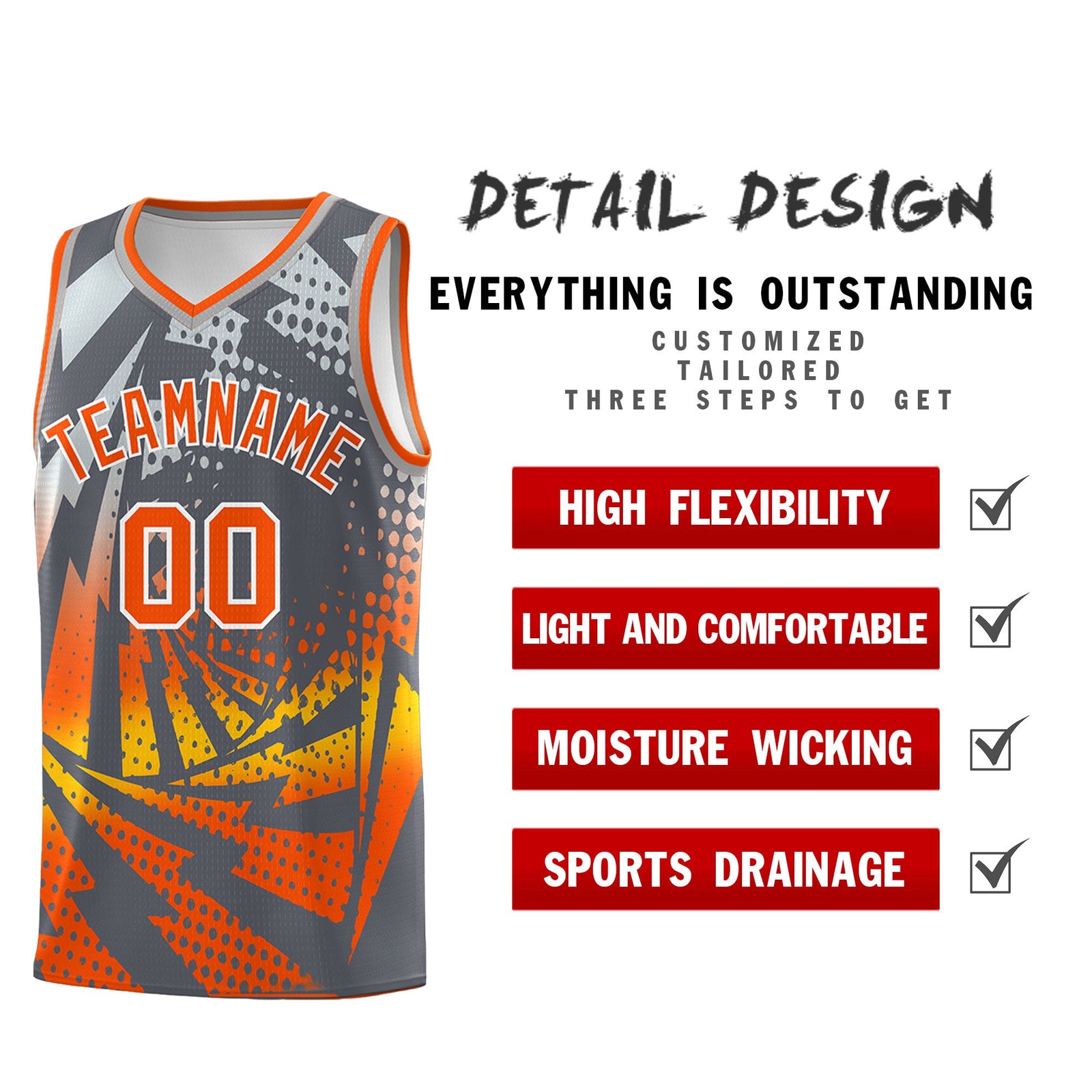 Custom Youth Basketball Jerseys Dark Gray Orange Lightning Design Halftone Personalized Uniforms