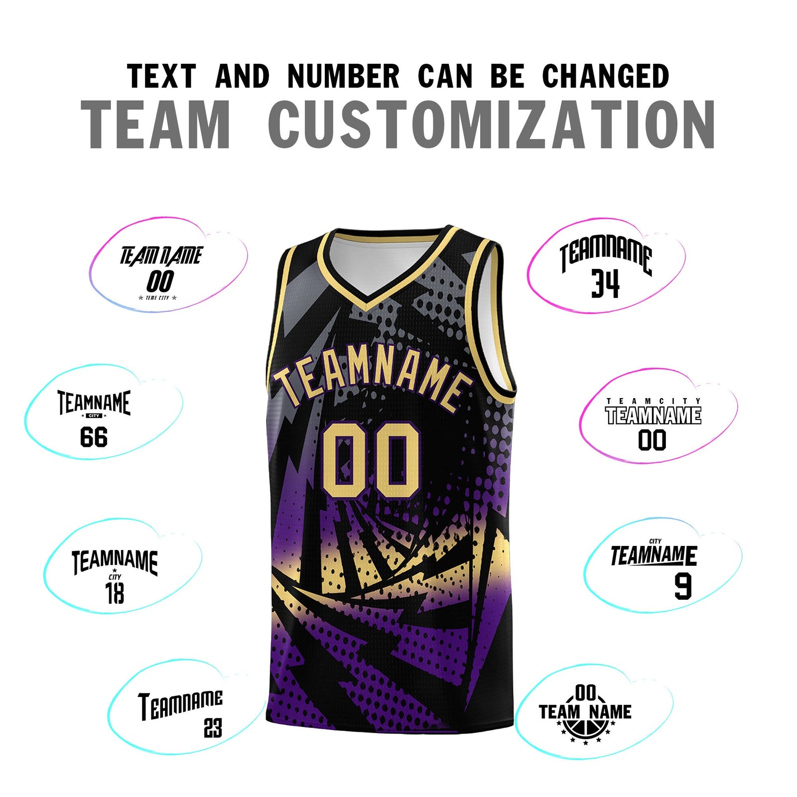 Custom Youth Basketball Jerseys Black Purple Lightning Design Halftone Personalized Uniforms